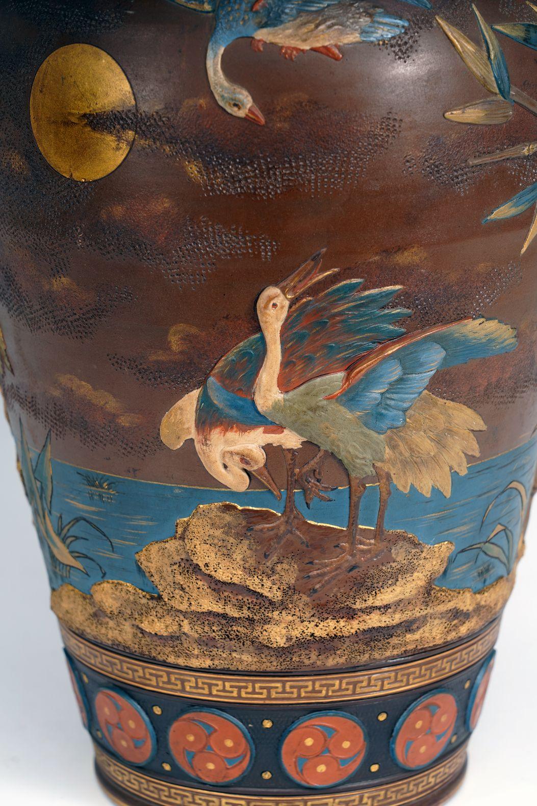 Early 20th Century Vase with Cranes by the Villeroy&Boch Manufacture, Mettlach Germany, Circa 1900 For Sale