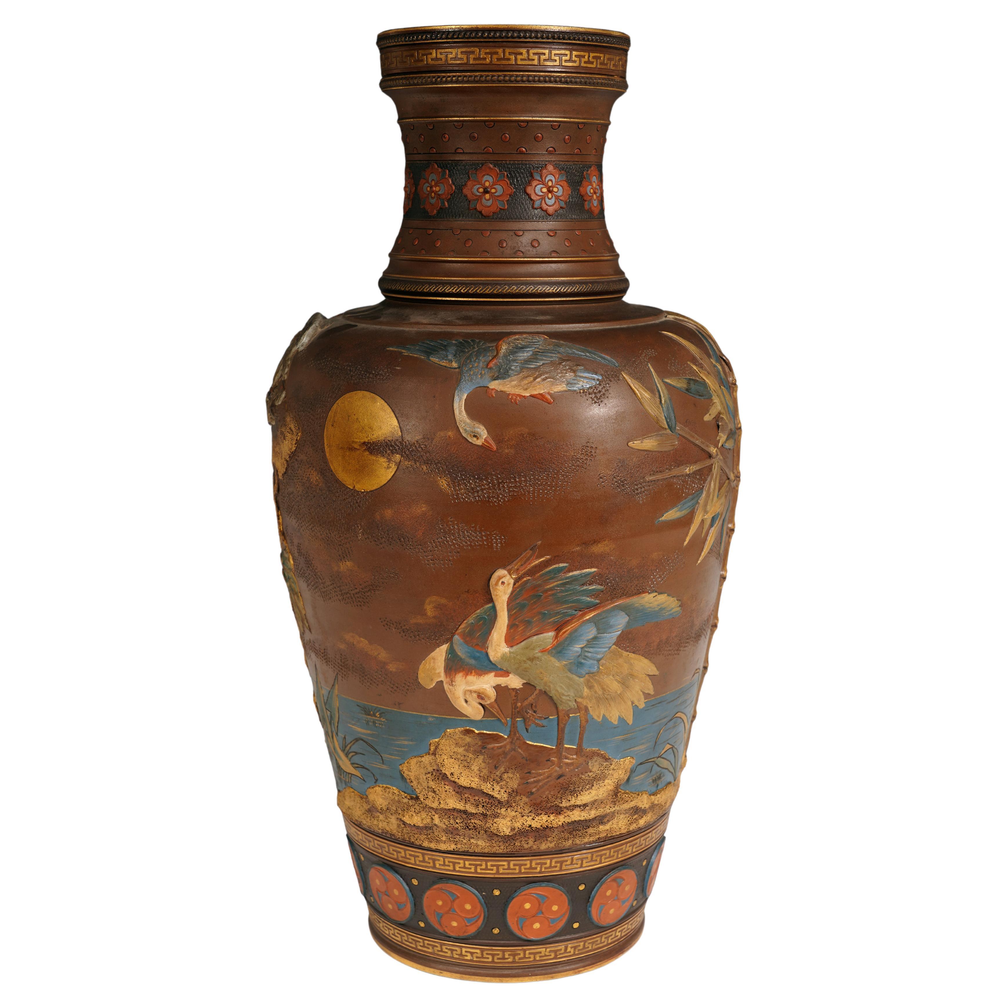 Vase with Cranes by the Villeroy&Boch Manufacture, Mettlach Germany, Circa 1900