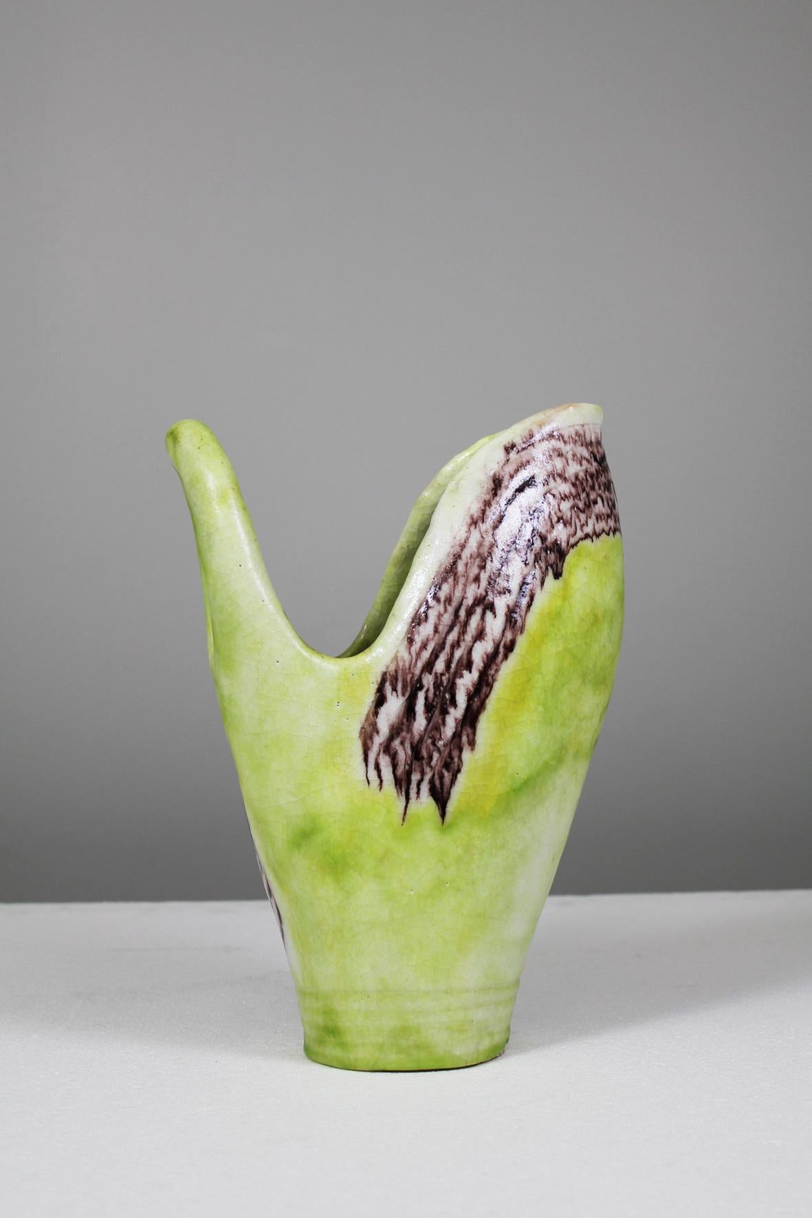 Glazed Vase with Handle, Geen, Ceramic, by Guido Gambone, 1950 For Sale