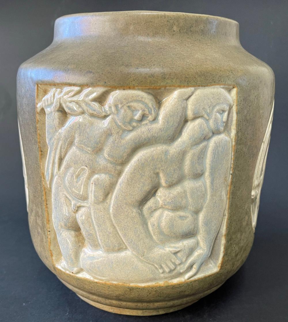 Rare, perhaps unique, this substantial vase by Gaston Goor features three mythological scenes, including one with Orpheus playing his lyre, and Leda with the Swan. Goor was famous for illustrating a number of books by Roger Peyrefitte and others in