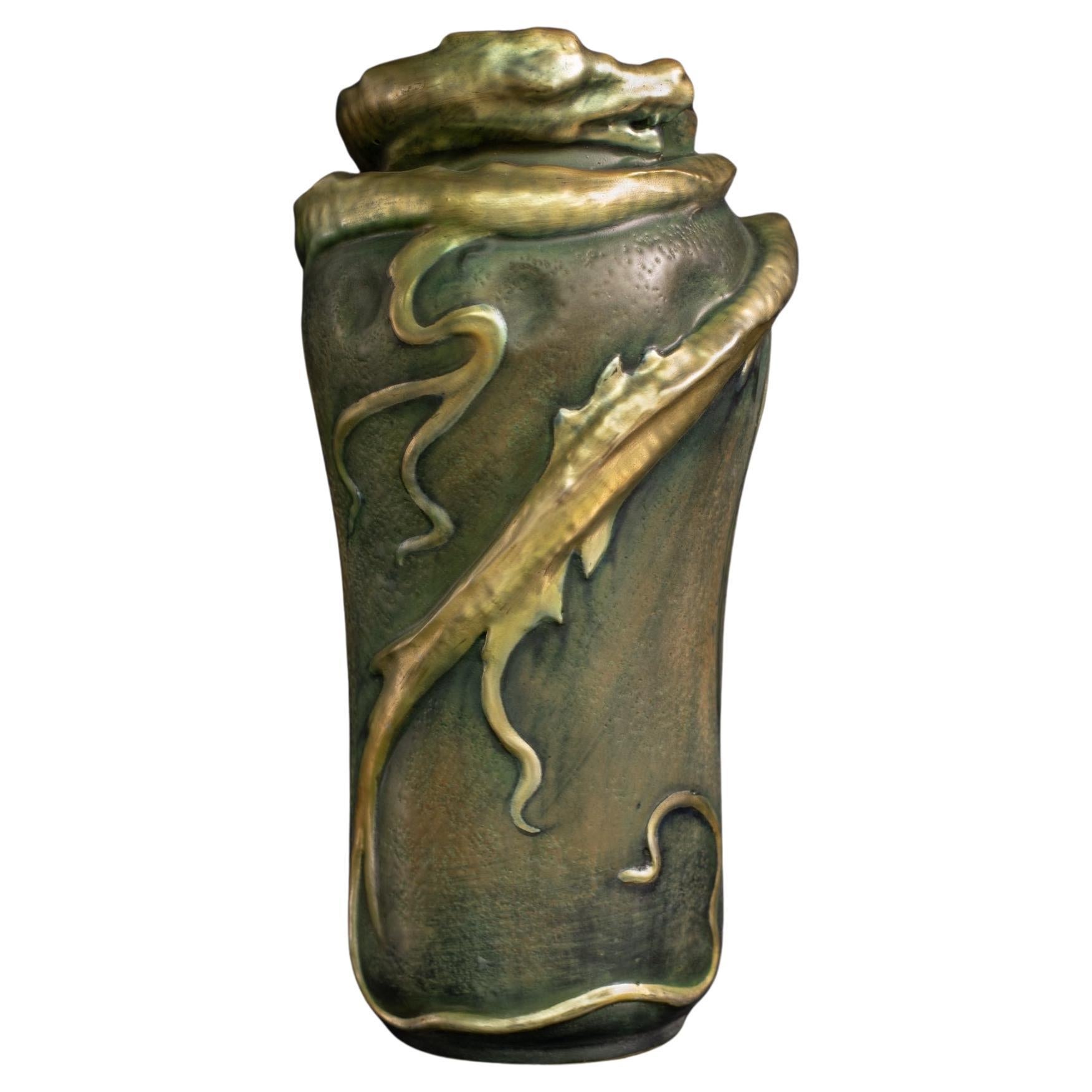 Art Nouveau "Vase with Swirling Water Dragon" by Stellmacher for RStK Amphora For Sale