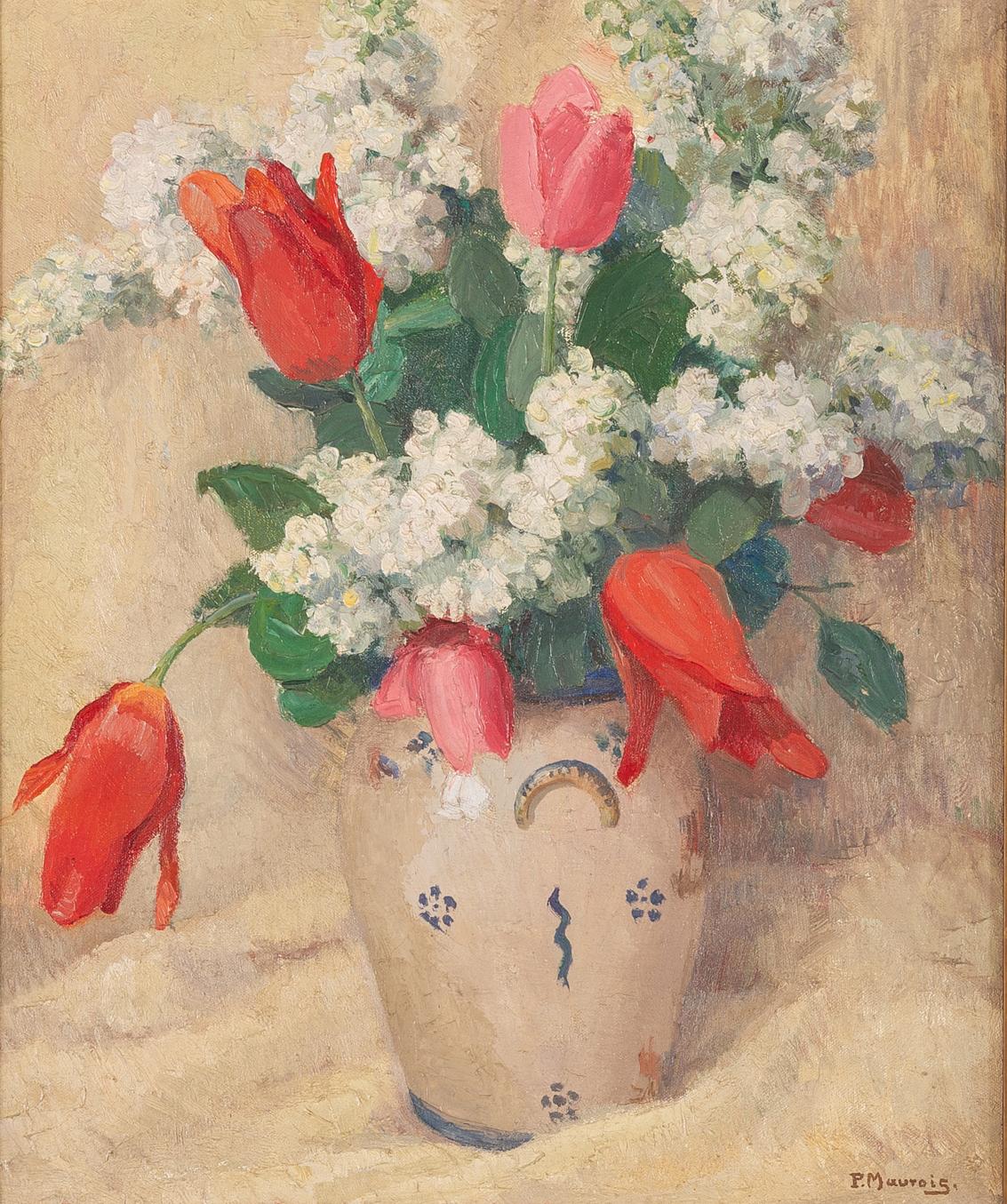 O/8173 - Huile sur toile, signée dans un cadre ancien.
Les tulipes sont des fleurs si particulières : dommage qu'elles se fanent rapidement. Le peintre a su en saisir la grâce et le charme.
