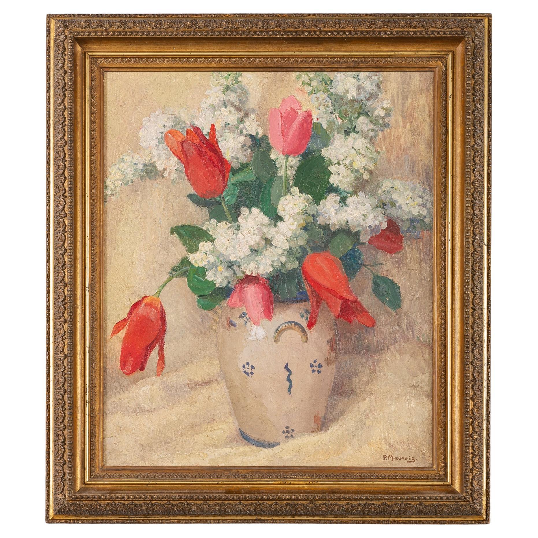 "Vase with Tulips" Signed P. Maurois For Sale