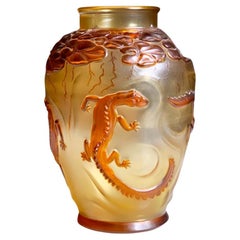 Vase with Waterlily Leaves and Salamanders in Relief Singed Josef Inwald, Barol