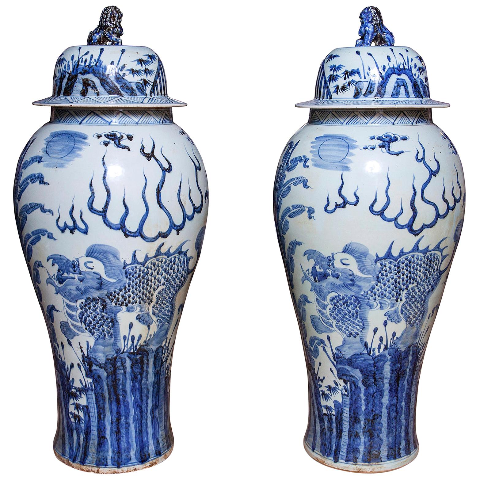 Vases Covers Pair Chinese Blue&White Porcelain Garniture Baroque 114cm 45" high For Sale