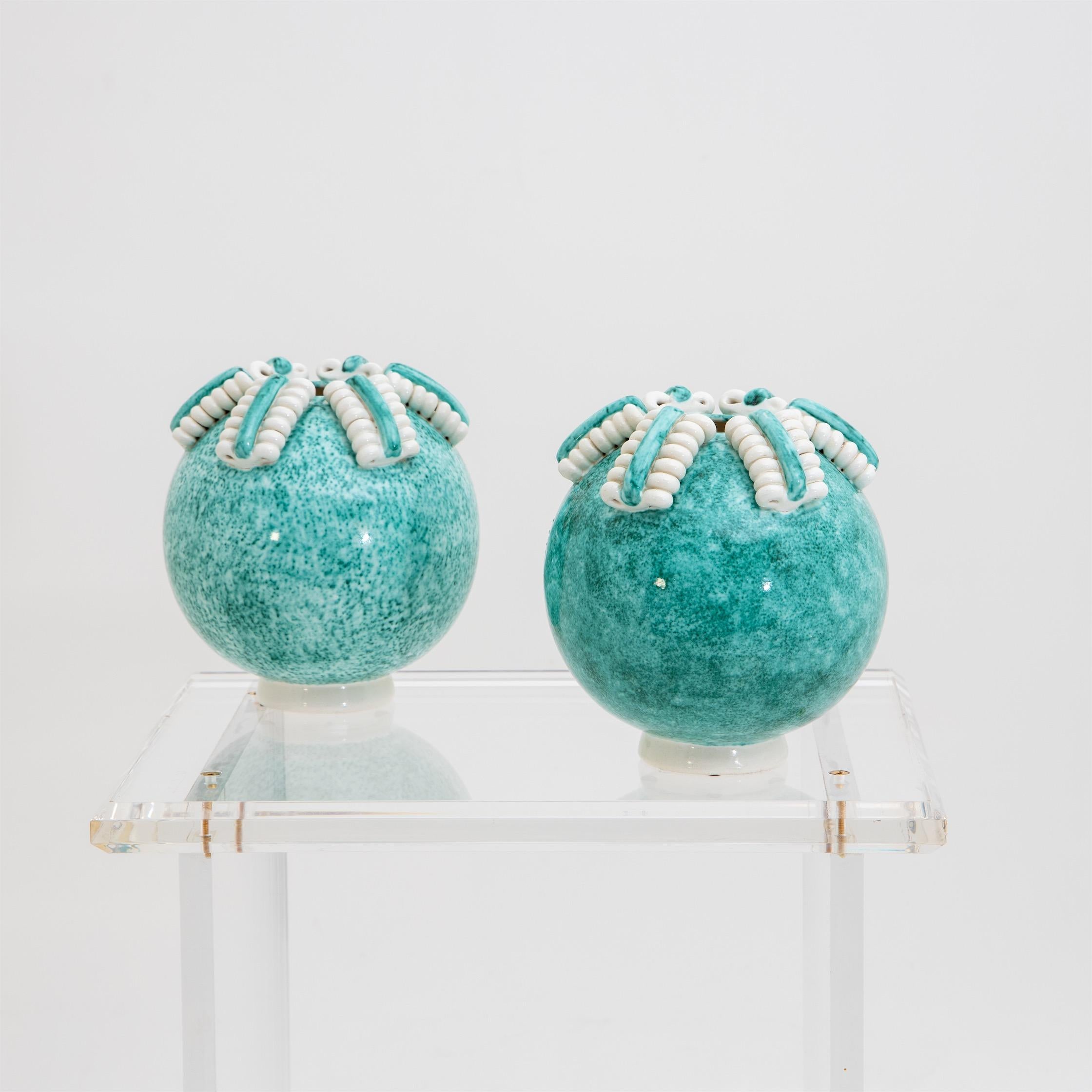 Pair of spherical turquoise-blue vases with cream spiral decoration by Gustave Asch (1836-1911) for Sainte Radegonde. Marked on the bottom.