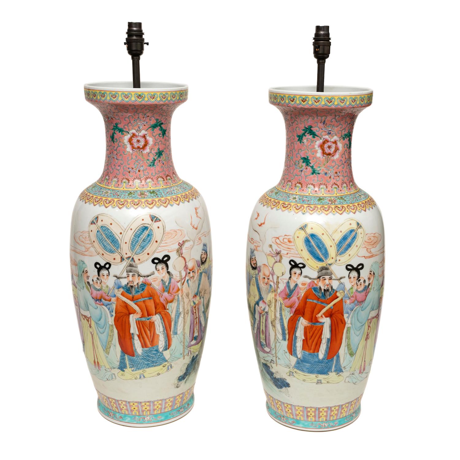 MASSIVE, PAIR OF VINTAGE, CHINOISERIE, PORCELAIN VASES, UPCYCLED INTO TABLE LAMPS, 70cm., 27½” high
The massive size is softened by the pastel shades of pink, yellow, blue, green.
The form of the vases is fluid and soft.
Painted with a ceremony with