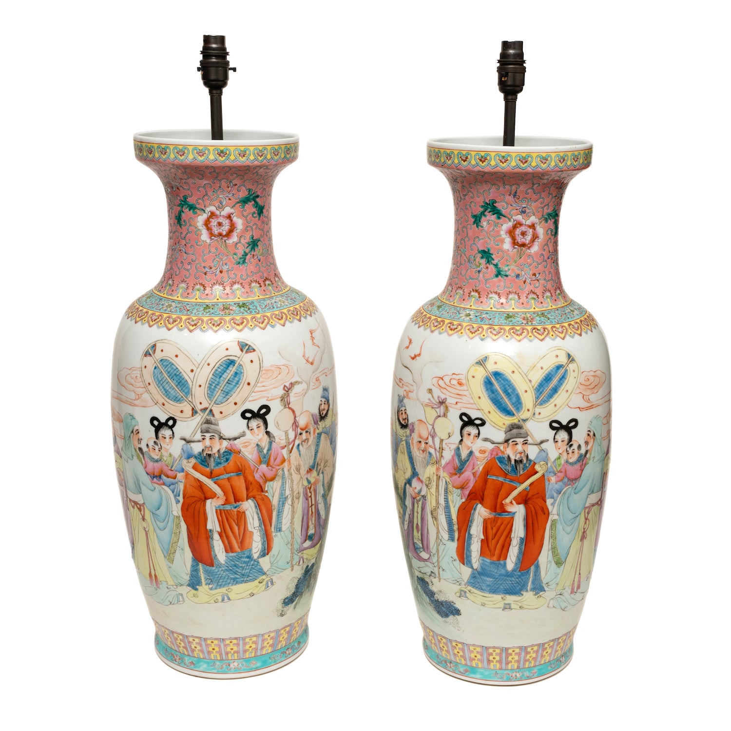 Vases Pair Chinoiserie Porcelain Ceremony Pastel Pink Yellow Blue Gree 27.5"high For Sale