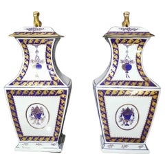 Vases Porcelain by Lowestoft 19th Century White Blue English Design Set of 2