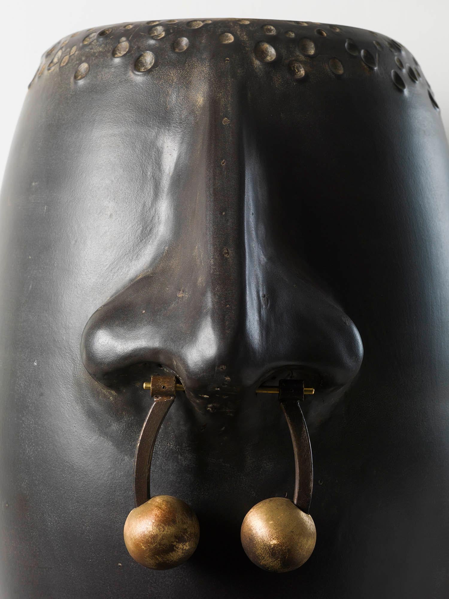 Modern Vases Sculptures Majolica Handmade Turned Moulded Piercing Black Italy  For Sale