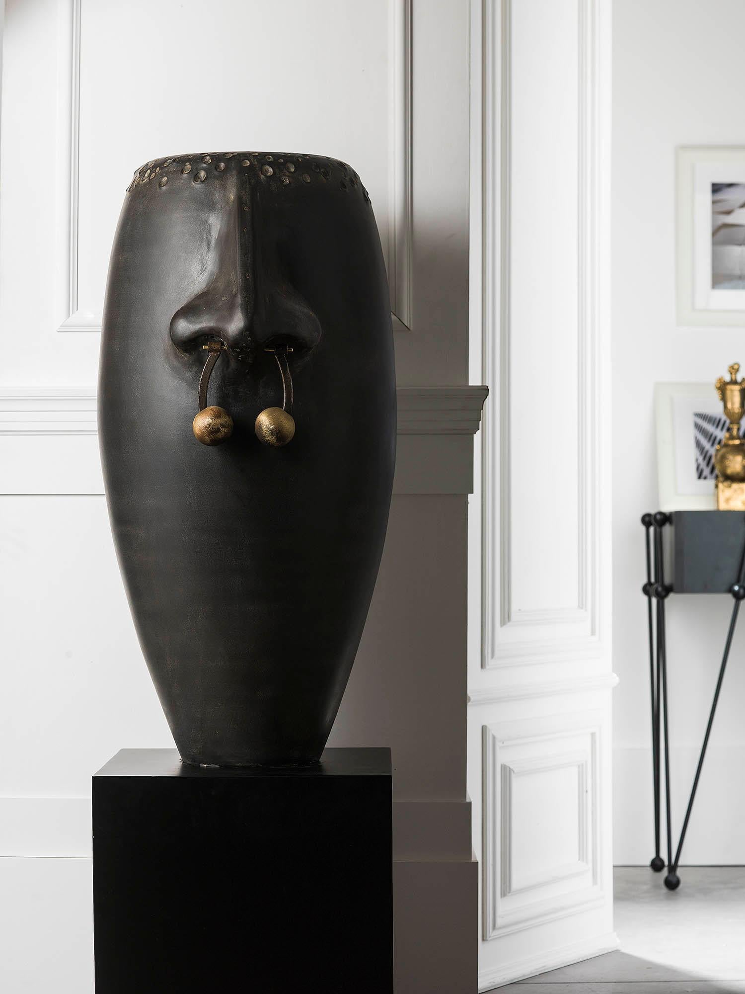 Contemporary Vases Sculptures Majolica Handmade Turned Moulded Piercing Black Italy For Sale