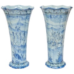 Antique Vases Tulip Pair Delft Blue & White 19th Century Dutch Medieval Style Crusaders