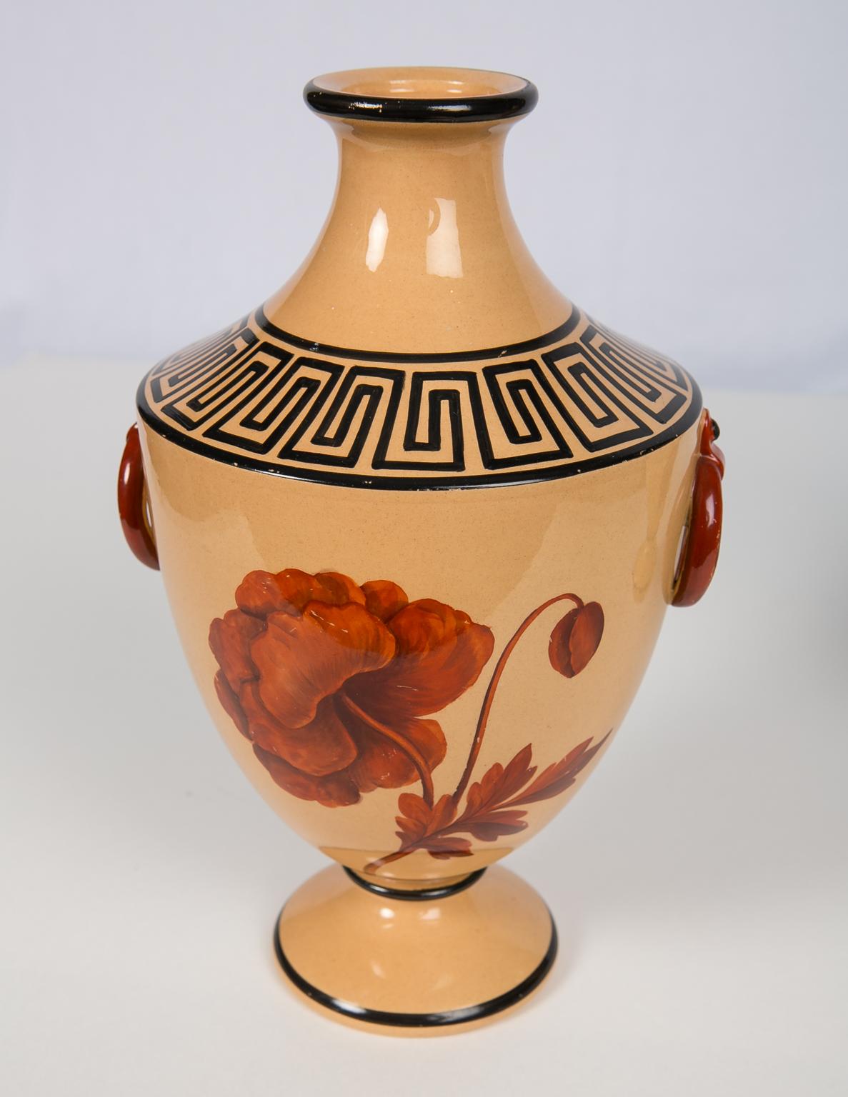 Vases with Large Red Flowers and Greek Key Decoration 3