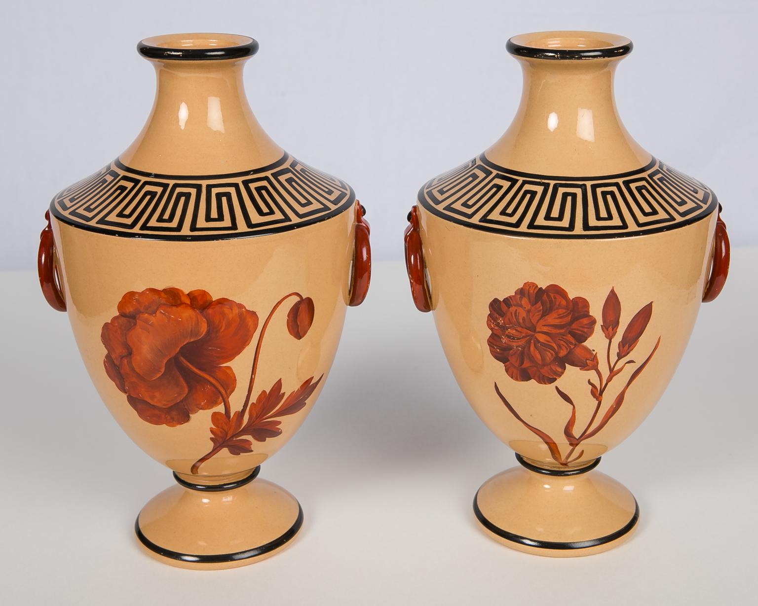 Vases with Large Red Flowers and Greek Key Decoration 8