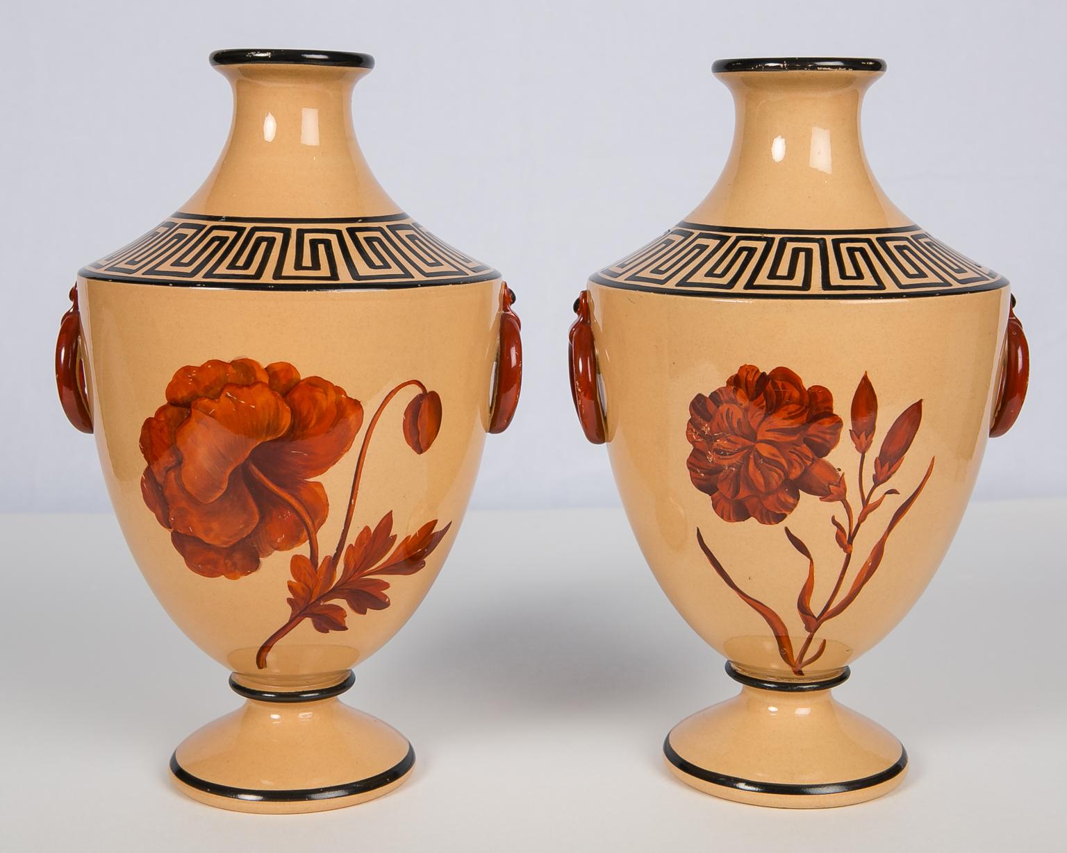 Vases with Large Red Flowers and Greek Key Decoration 9