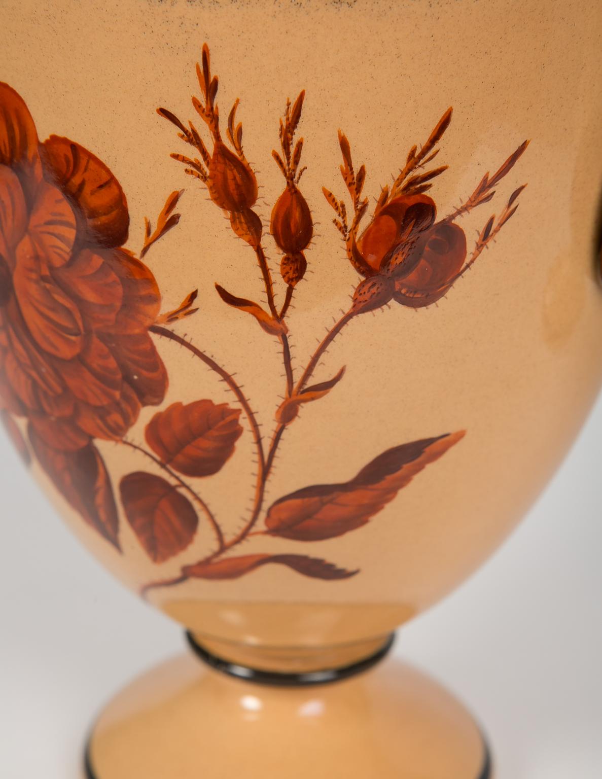 A pair of neoclassical vases with large red flowers and Greek key decoration. The large red flowers are set on a beautiful chalcedony background. These outstanding vases attributed to the Davenport factory in England were made in the early 19th