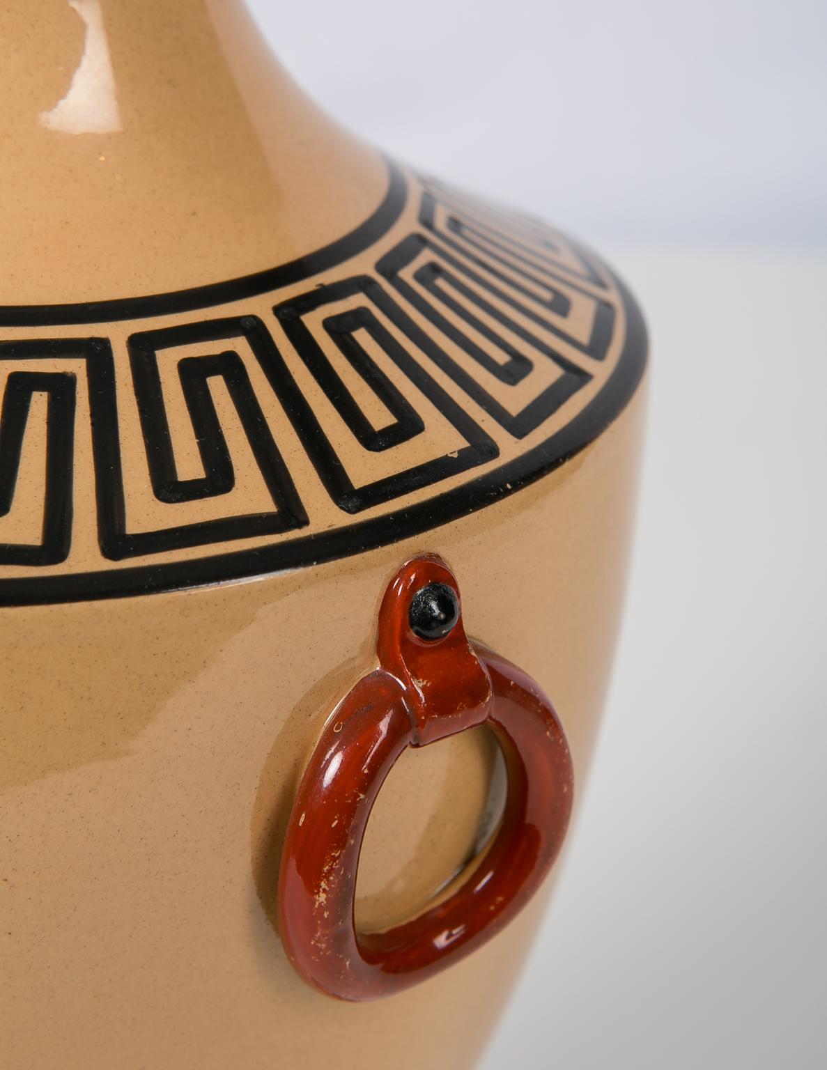 English Vases with Large Red Flowers and Greek Key Decoration