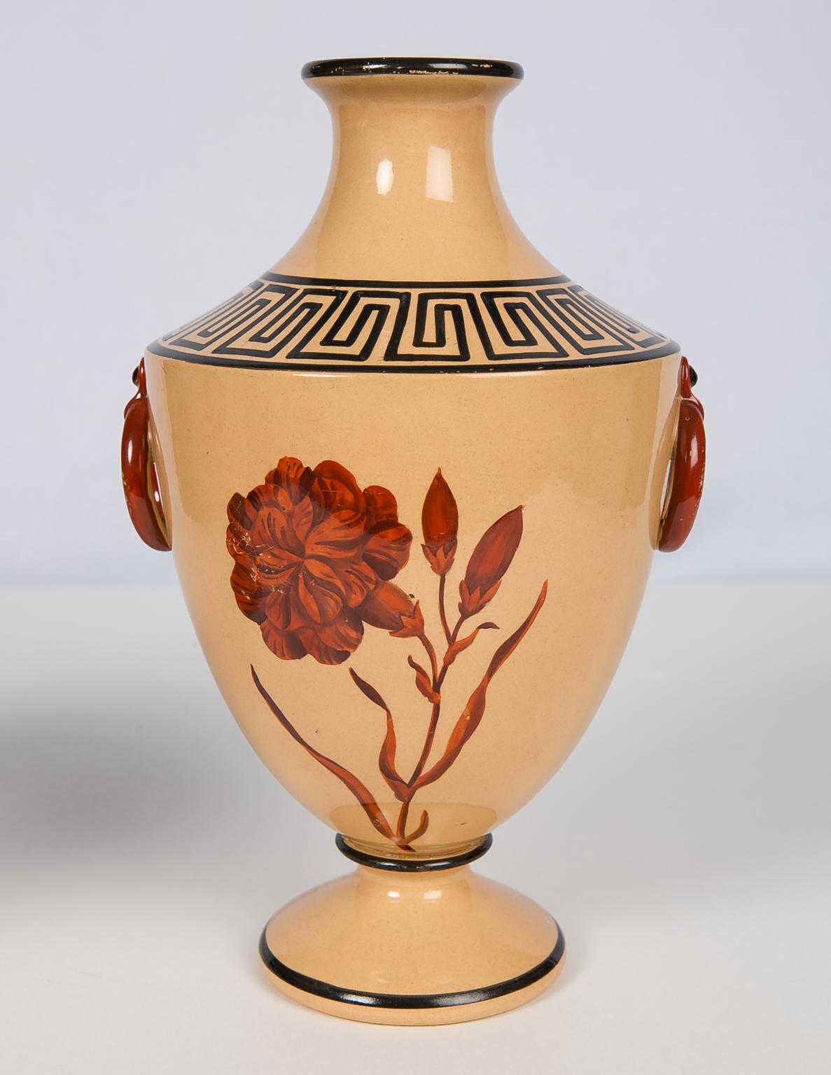 Vases with Large Red Flowers and Greek Key Decoration In Excellent Condition In Katonah, NY