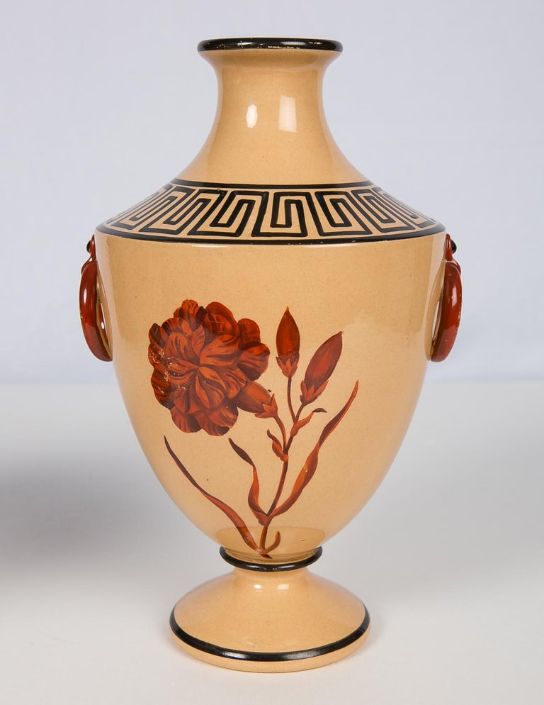 Vases with Large Red Flowers and Greek Key Decoration For Sale at 1stdibs