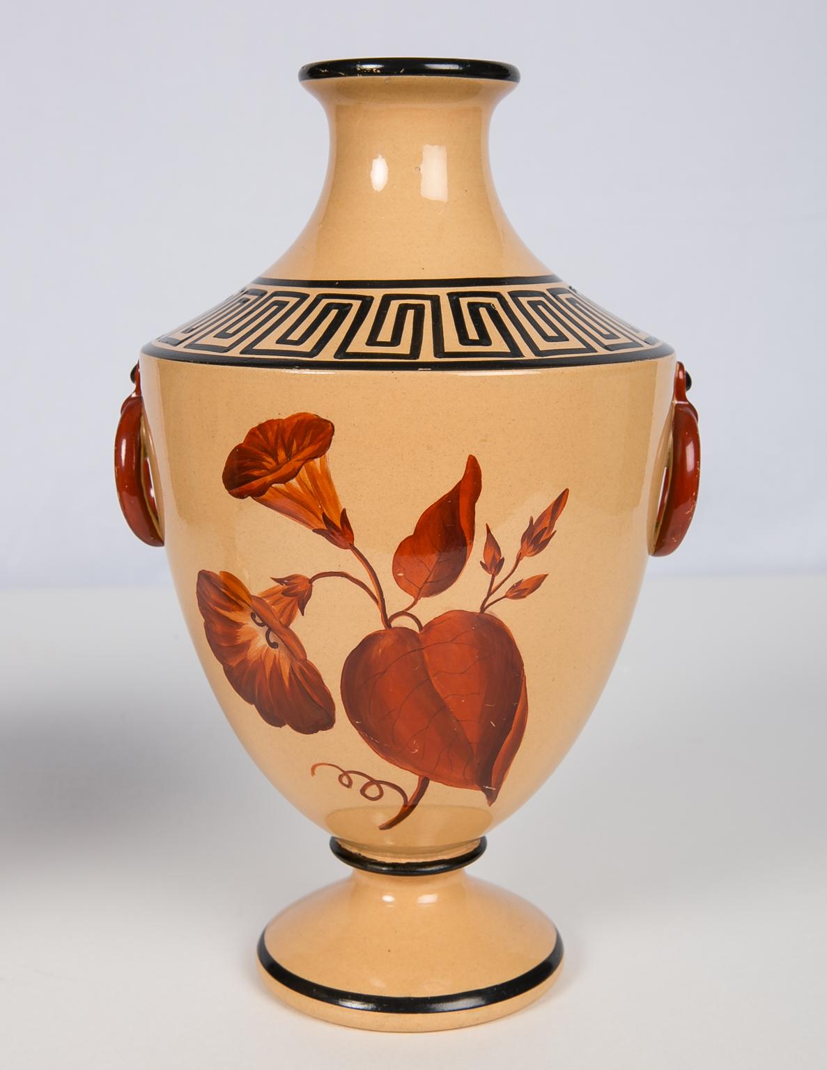 19th Century Vases with Large Red Flowers and Greek Key Decoration