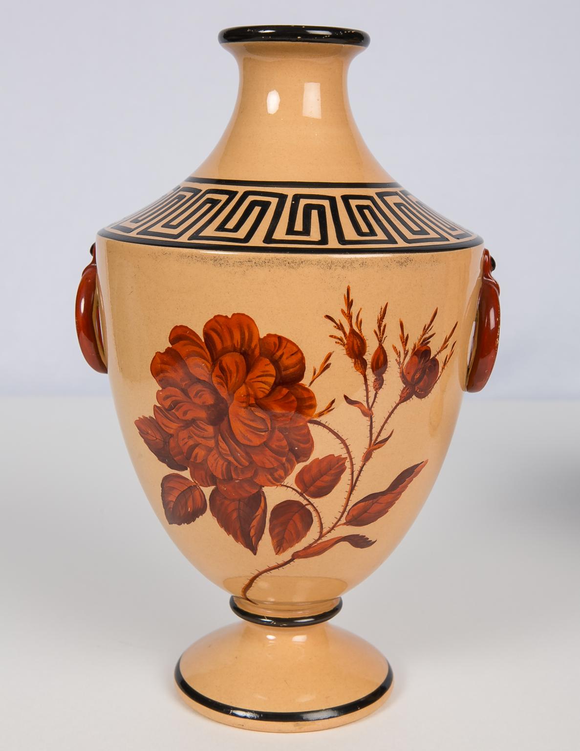 Earthenware Vases with Large Red Flowers and Greek Key Decoration