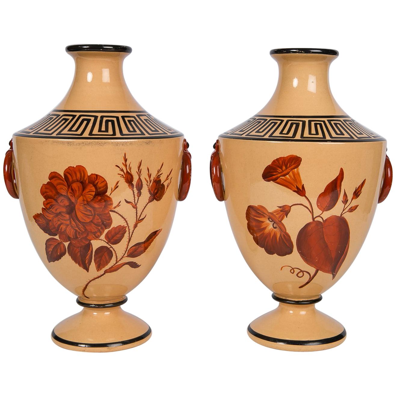 Vases with Large Red Flowers and Greek Key Decoration