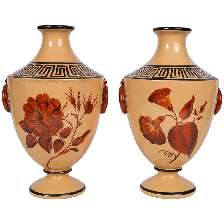 Vases with Large Red Flowers and Greek Key Decoration For Sale at 1stdibs