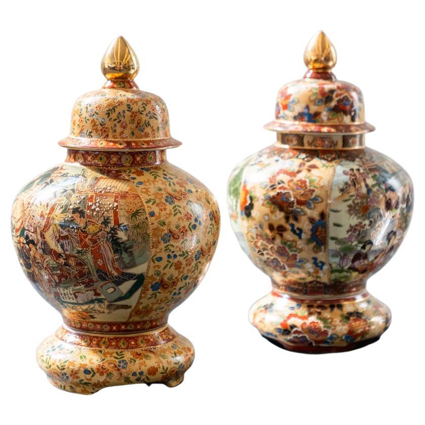 Hand-decorated Chinese Royal Satsuma ceramic vases, 1960s For Sale