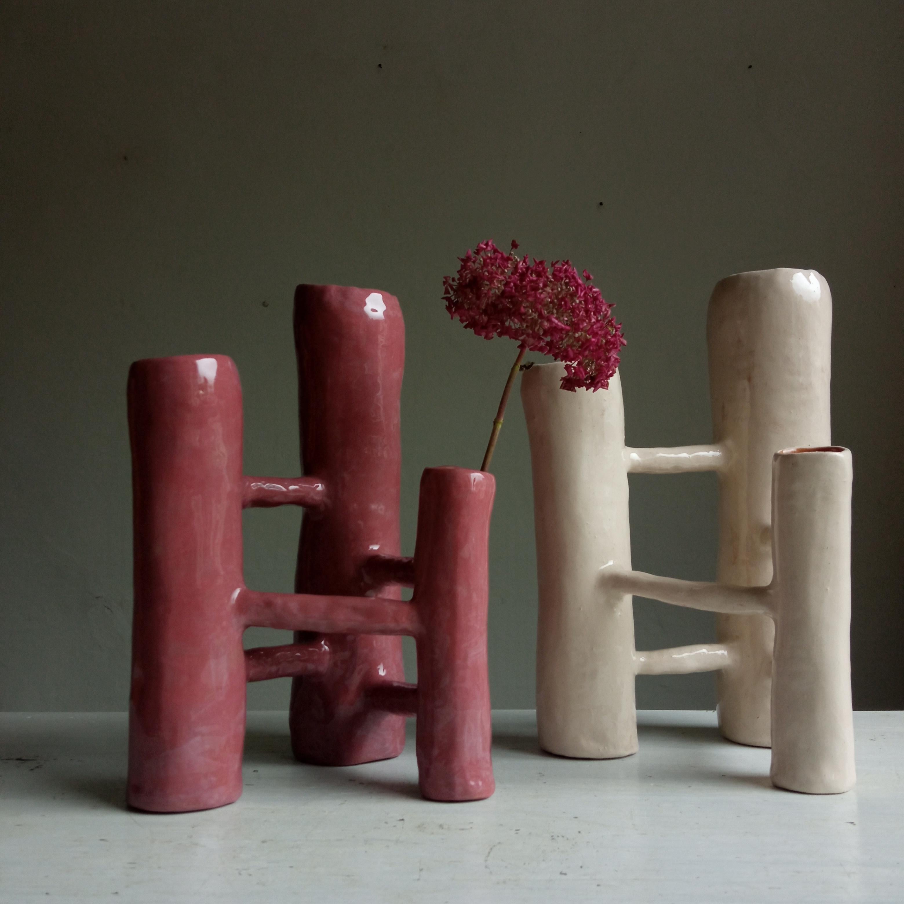 Modern Communicating Vases 3 elements PINK in ceramic XXI Century by Chiara Berta Artist For Sale