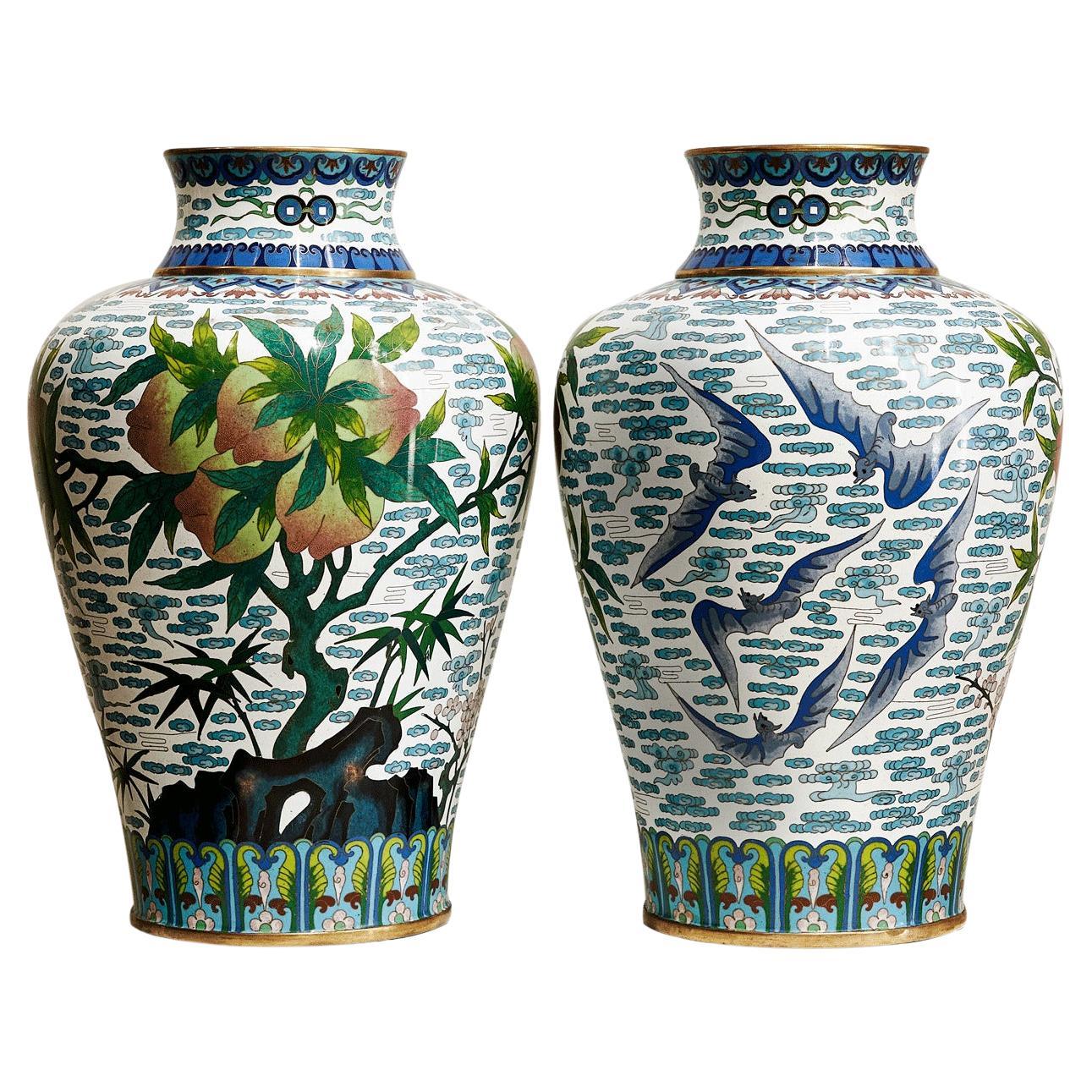 Decorative Chinese Cloisonné Vases with Symbols of Prosperity and Harmony