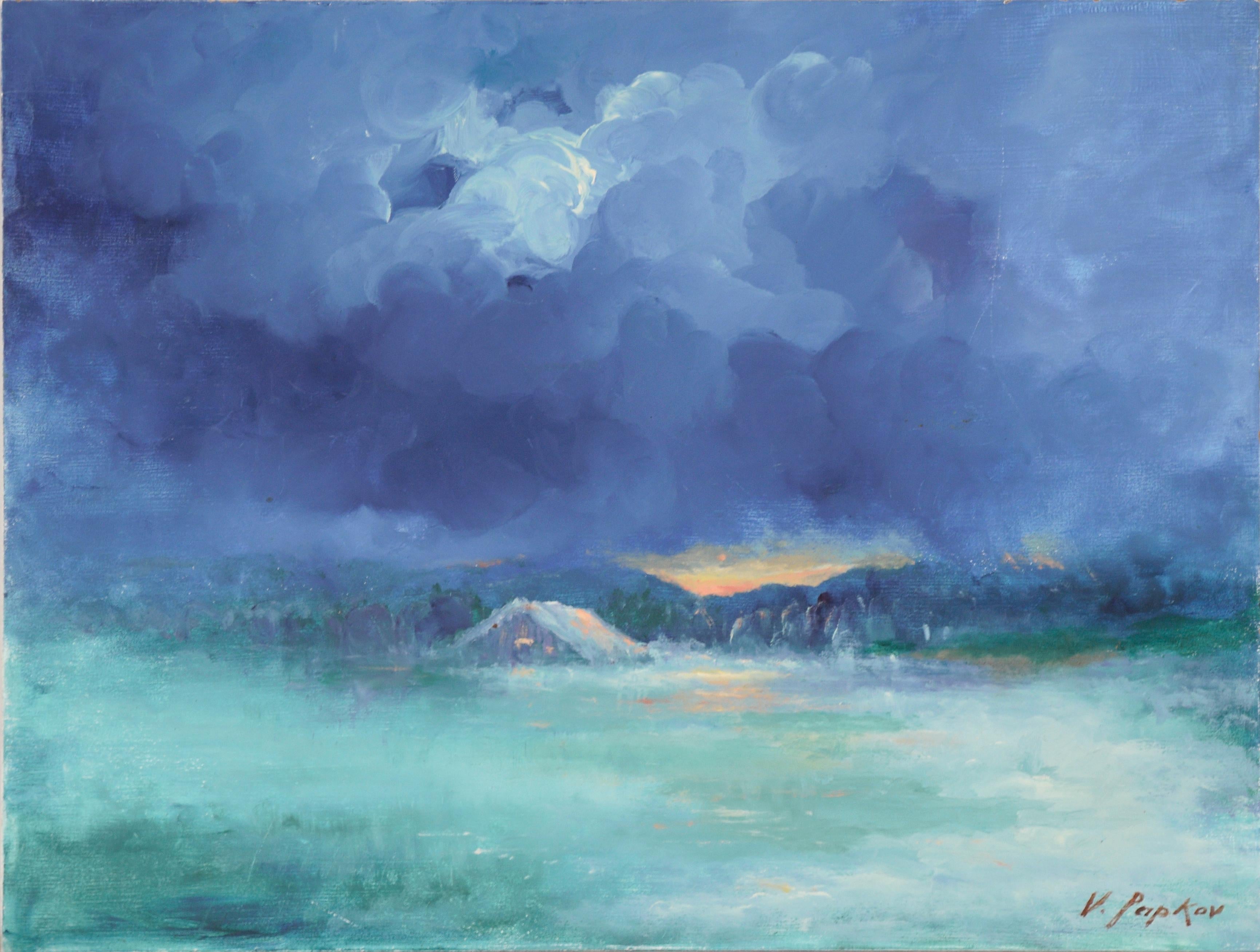 Casa galleggiante di notte, paesaggio marino astratto modernista a due tonalità di colore - Painting di Vasil Papkov