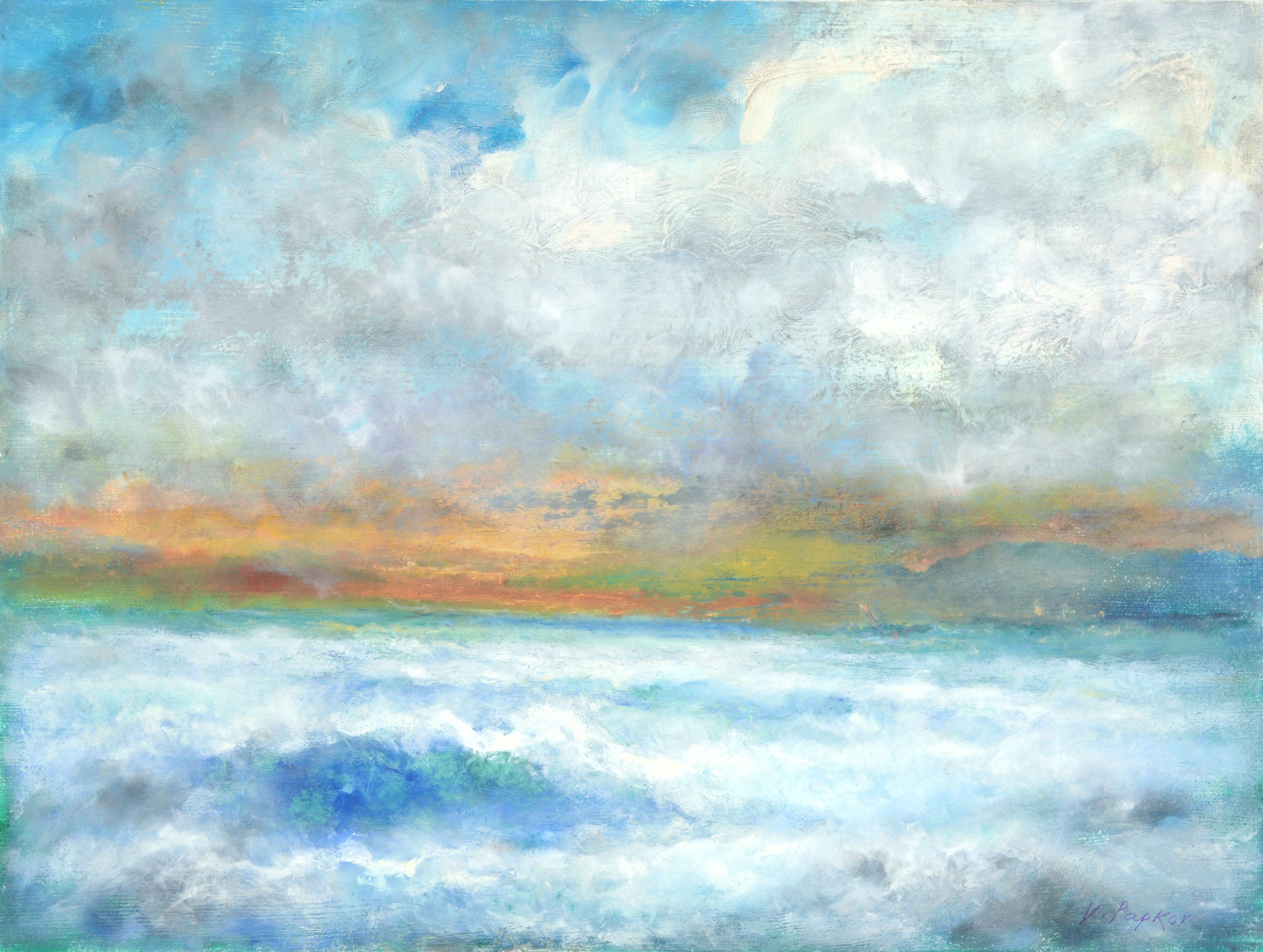 Cyan & Orange Seascape at Sunset by Victor Papkov - Painting by Vasil Papkov