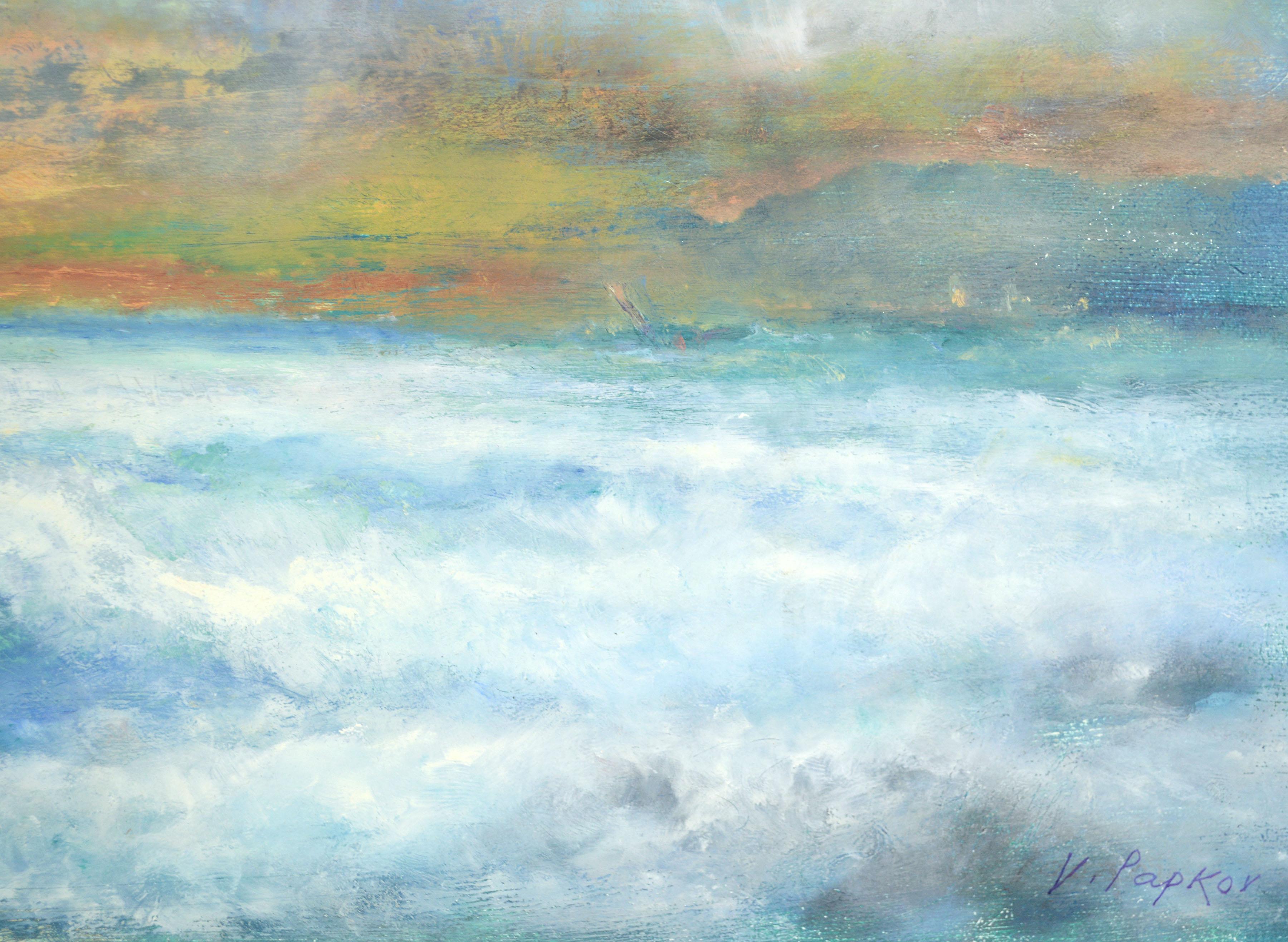 Expressive and colorful seascape by Vasil (Victor) Papkov (20th Century). The vivid cyan blue churning waves mirror the sky above, with a glowing orange sunset splitting the canvas on the horizon. A distant mountain range fades into the misty