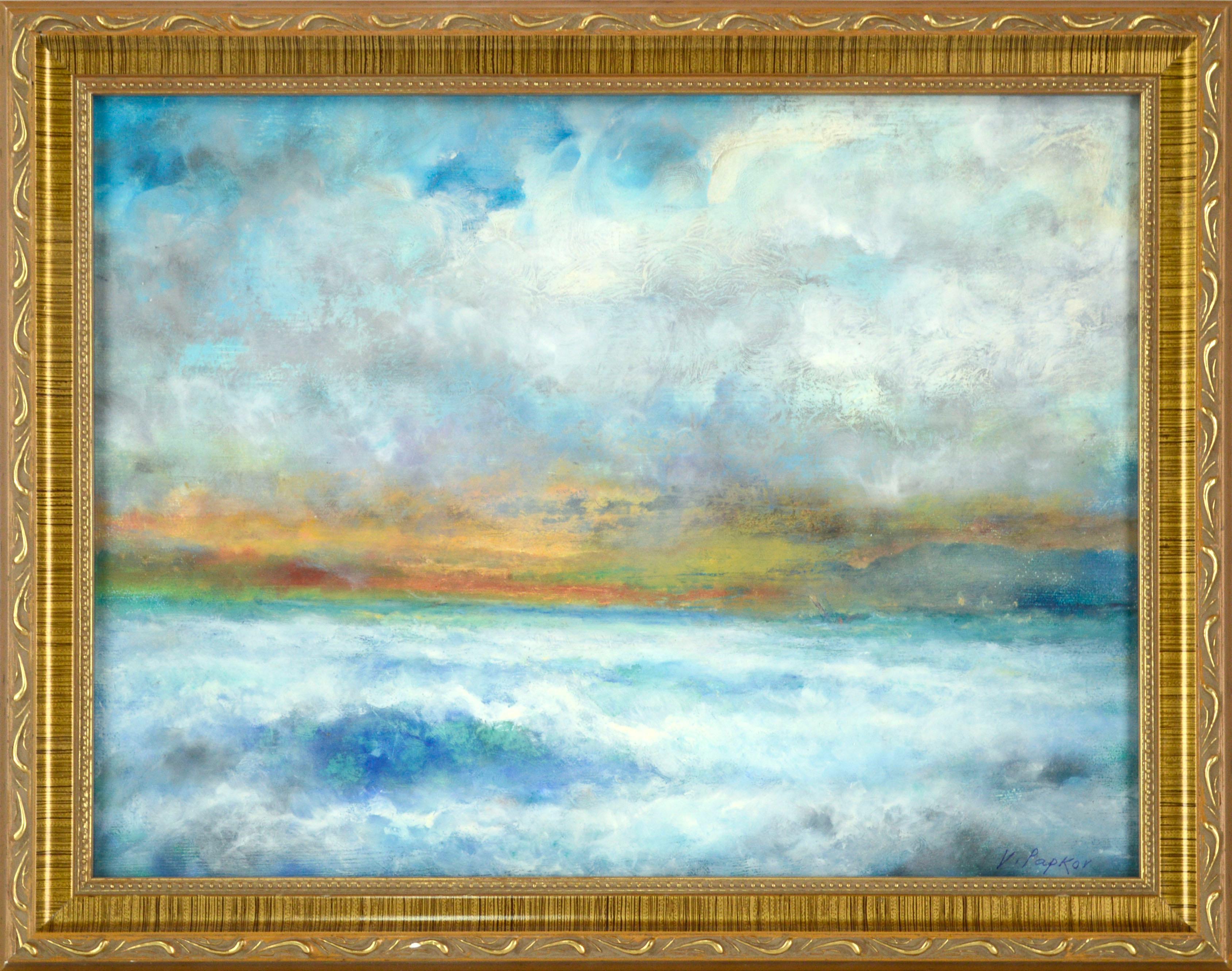 Landscape Painting Vasil Papkov - Paysage marin cyan et orange au coucher du soleil par Victor Papkov