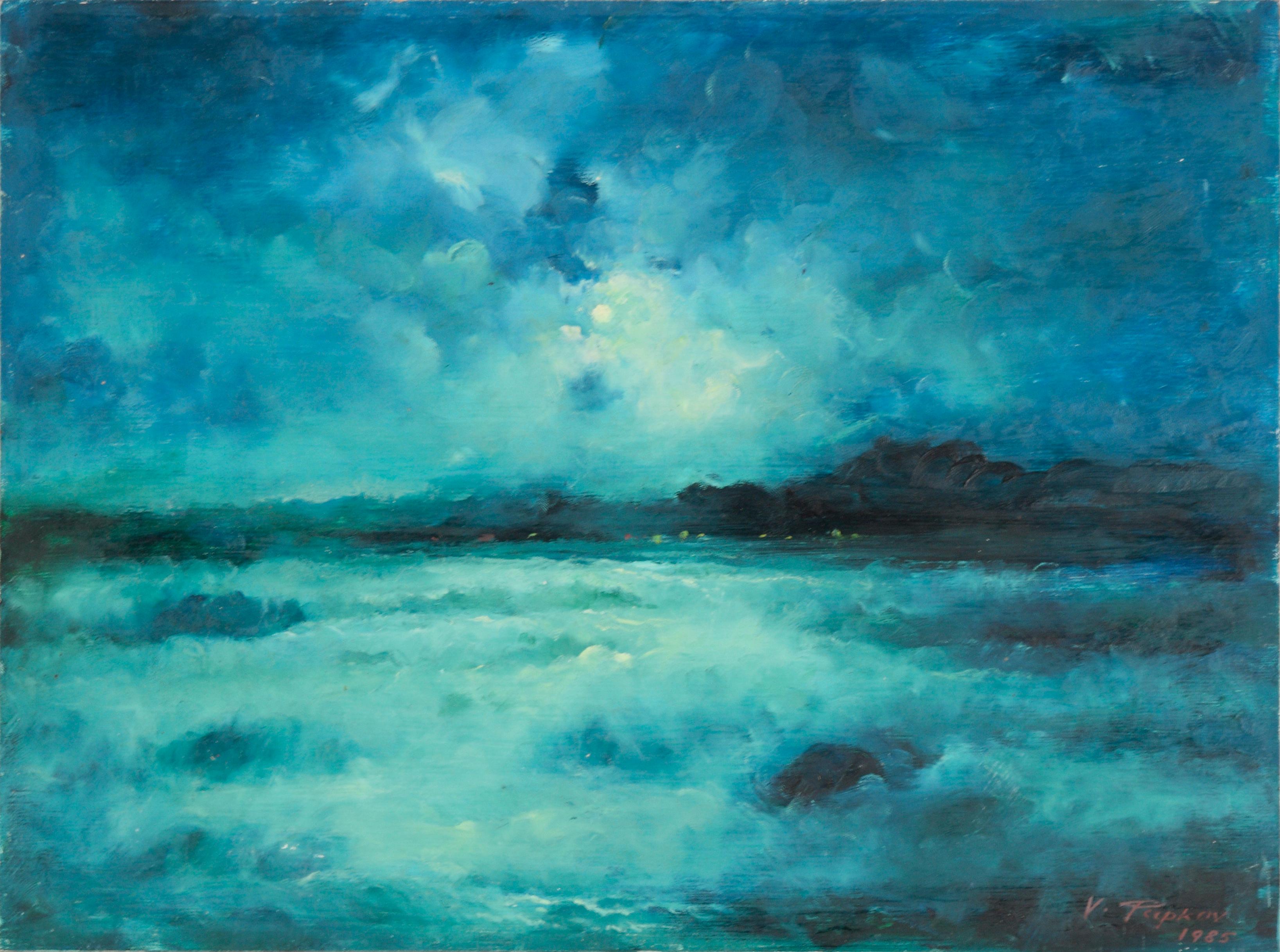 Vasil Papkov Landscape Painting - Moon Over the Ocean - Seascape