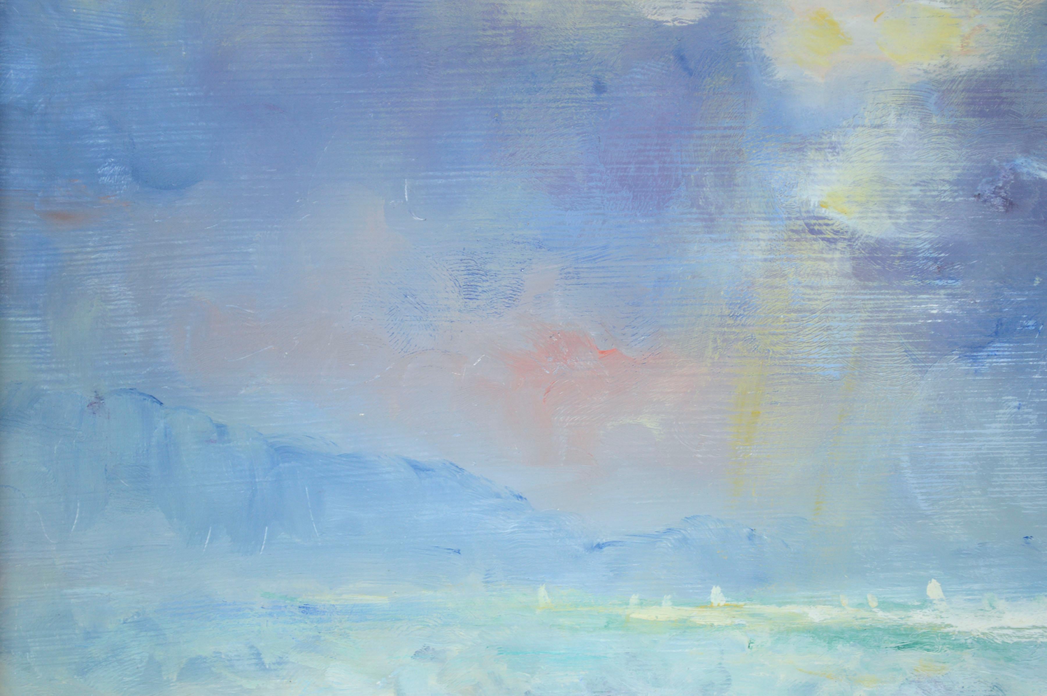 Dynamic seascape featuring a beautiful periwinkle sky at twilight with a golden sun ray breaking through over swirling ocean waves by Vasil (Victor) Papkov (20th Century). Signed 