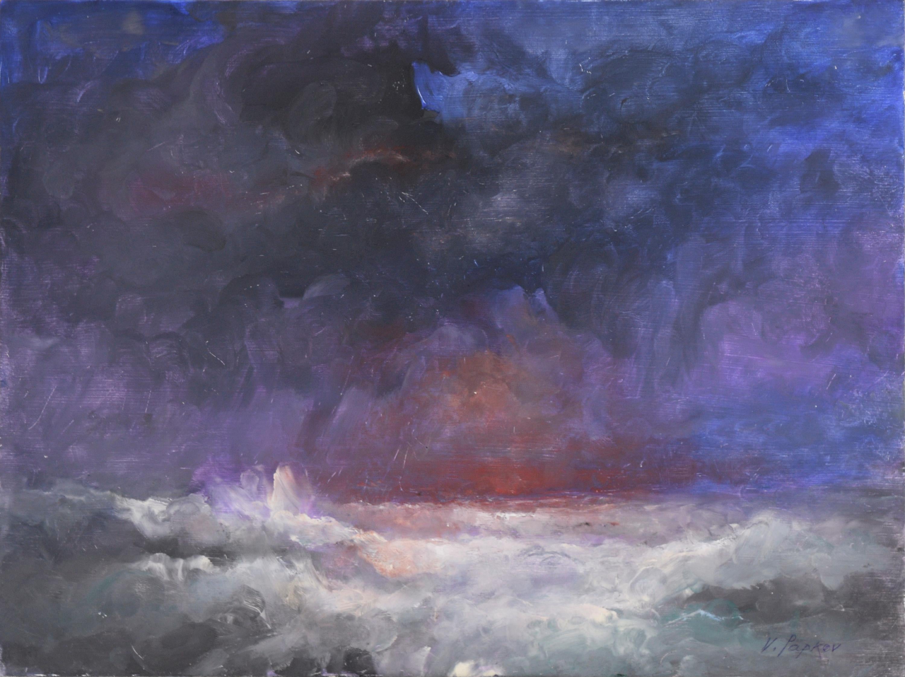 Vasil Papkov Landscape Painting - Purple and Red Storm Over the Sea