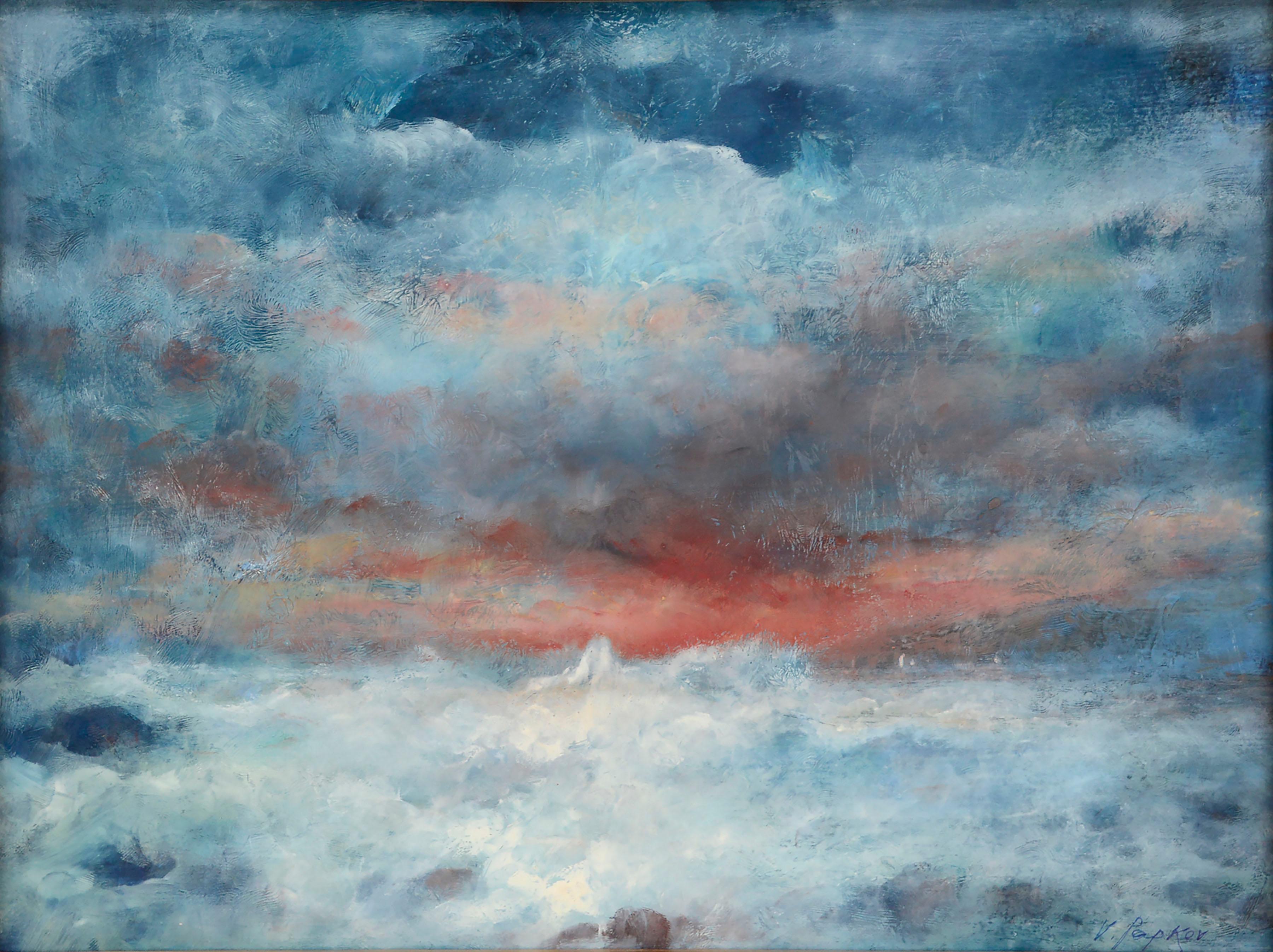 Stormy Sunset Seascape with Blue & Orange - Painting by Vasil Papkov
