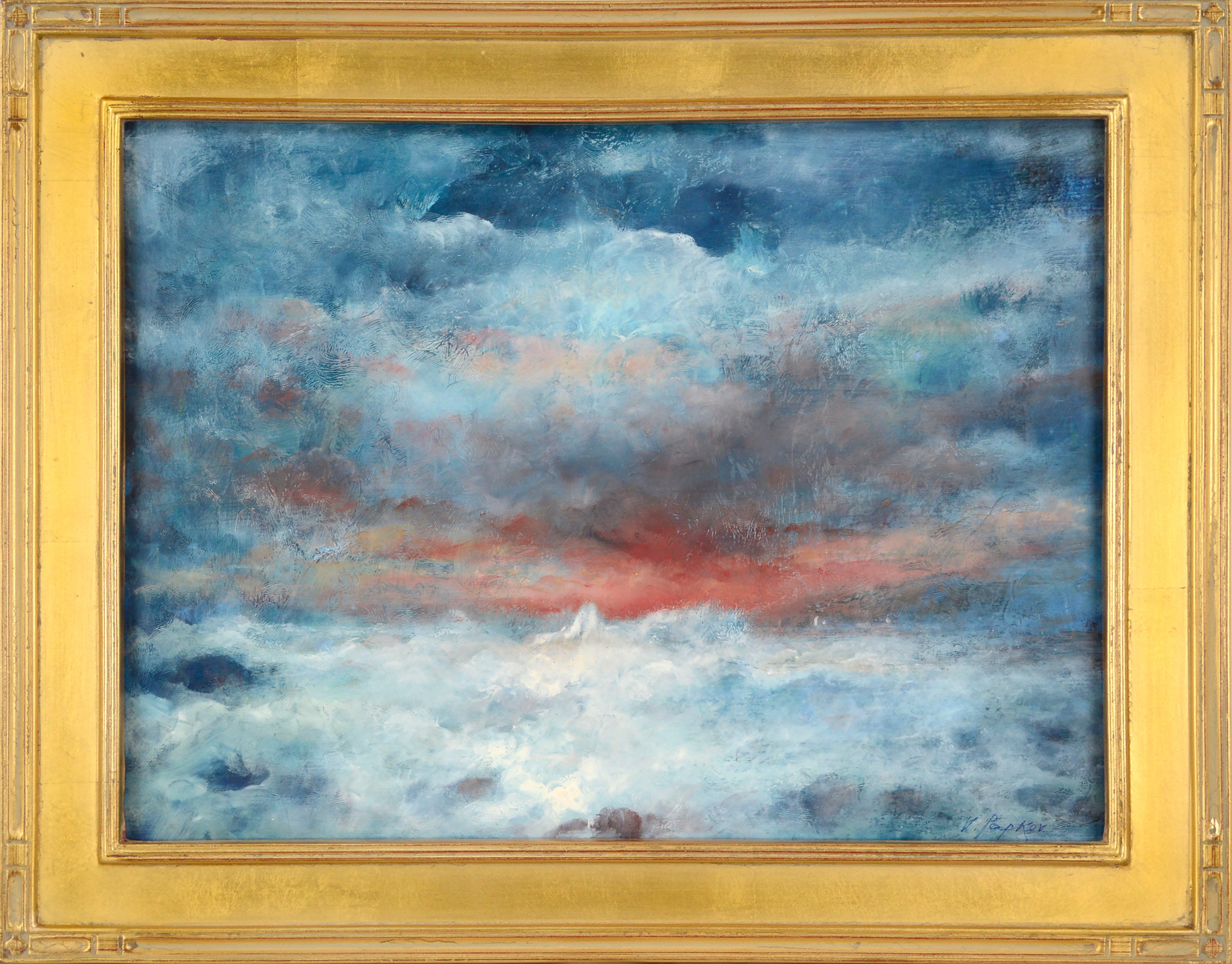 Vasil Papkov Landscape Painting - Stormy Sunset Seascape with Blue & Orange 