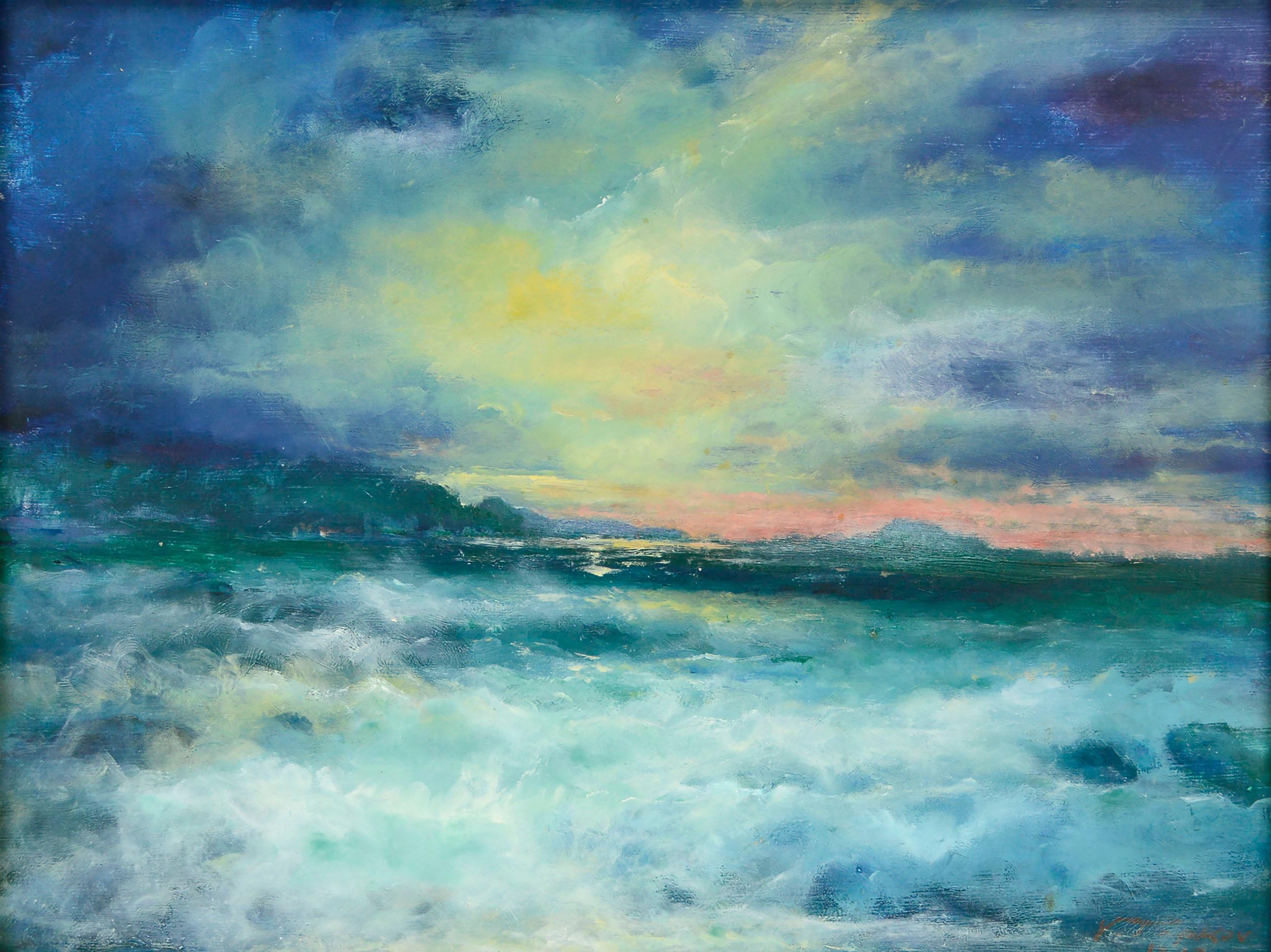 Stormy Sunset Seascape with Purple, Yellow & Green - Painting by Vasil Papkov