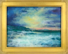 Vintage Stormy Sunset Seascape with Purple, Yellow & Green