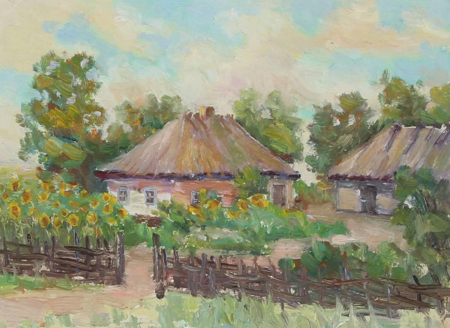Soviet Impressionist Cottages, Oil on Paper, 1960 - Painting by Vasili Brenin