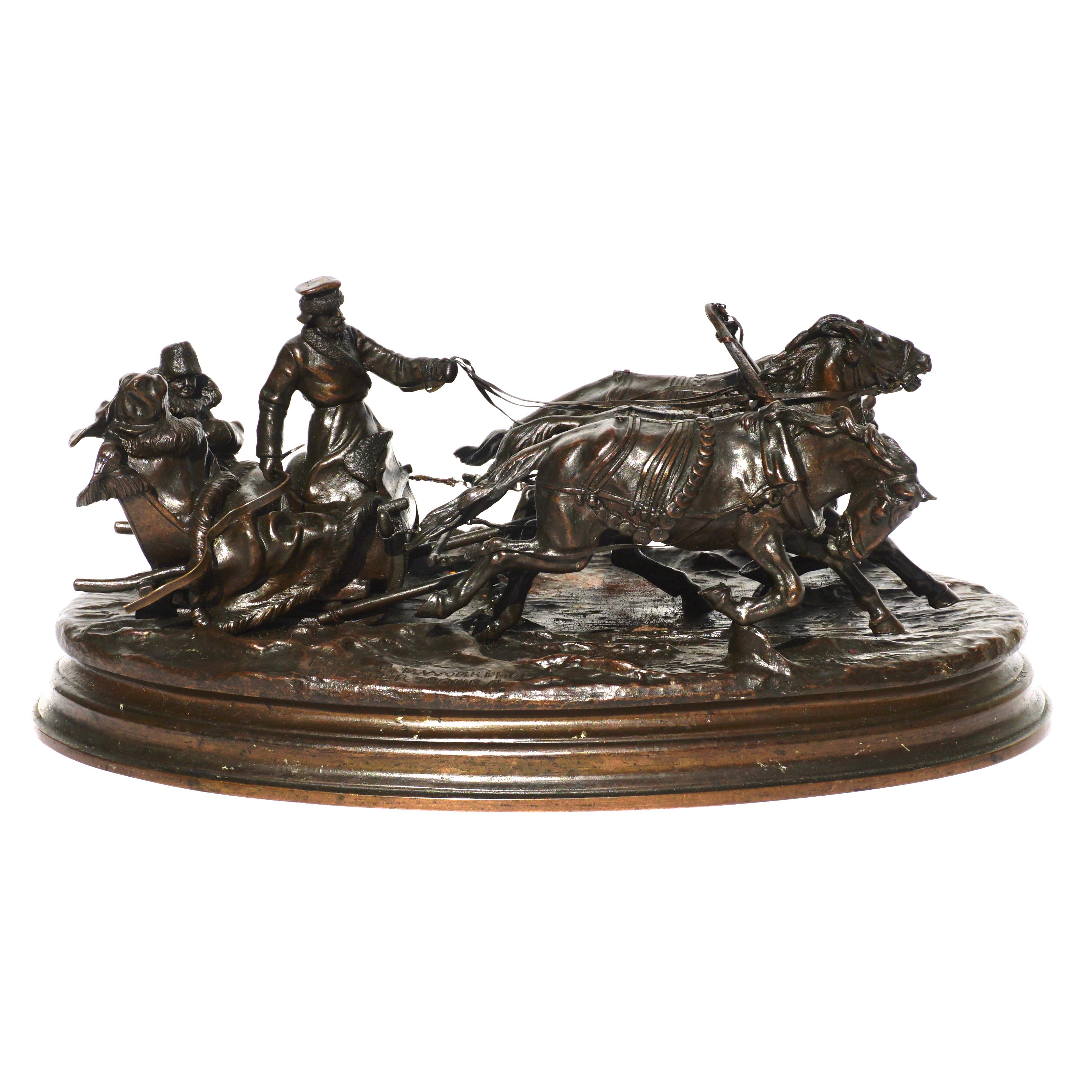 Vasili Grachev, 1831-1905. A patinated chocolate brown bronze grouping of horses pulling a troika with figures. A Classic Russian bronze grouping of three horses tearing through the snow pulling a troika led by a sleds-man leading passage for two