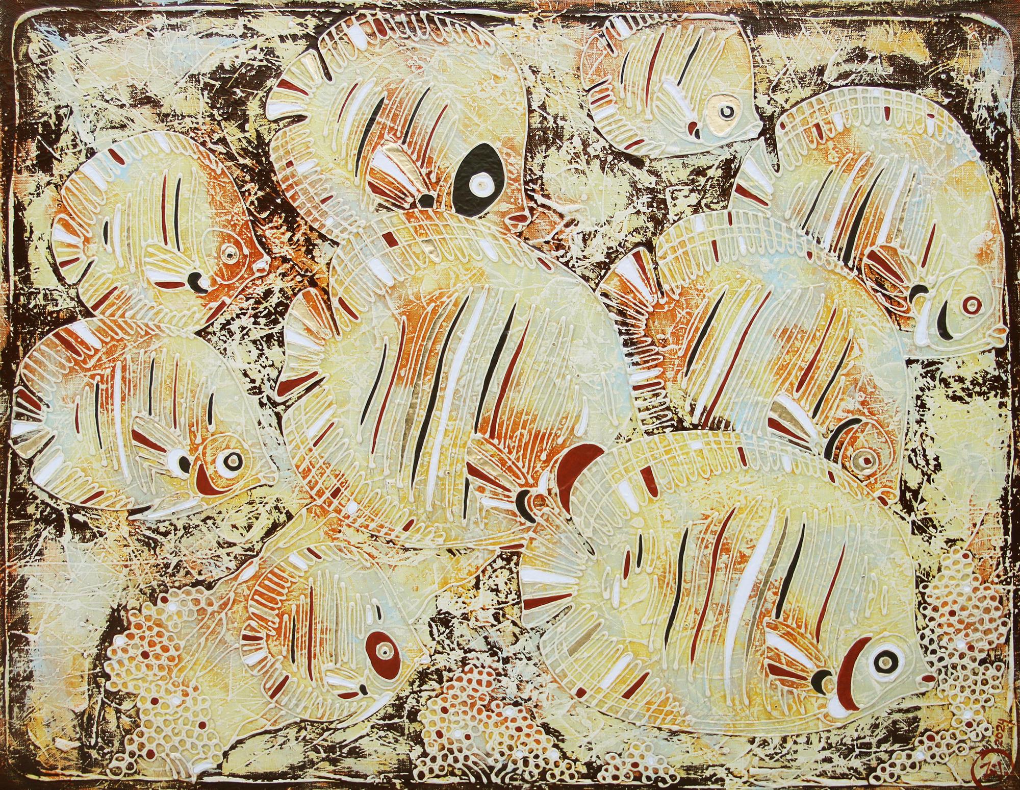 Animal Painting di Vasili Zianko - CORAL FISH di Vasily Zianko, tecnica volume-contour dell'autore