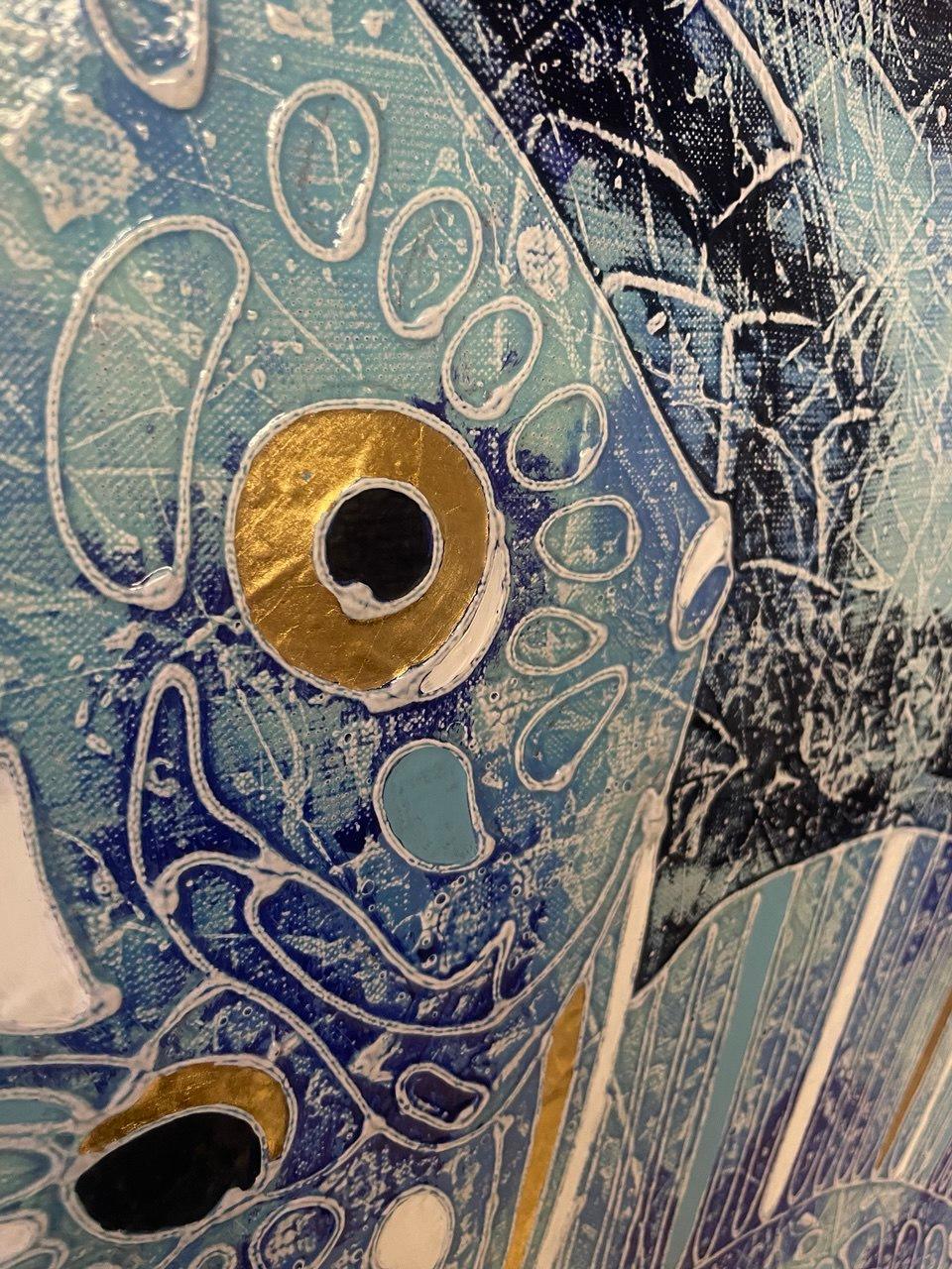 LA FAMIGLIA DEI PESCI BLU di Vasily Zianko, tecnica del volume-contour dell'autore - Abstract Painting Blu di Vasili Zianko