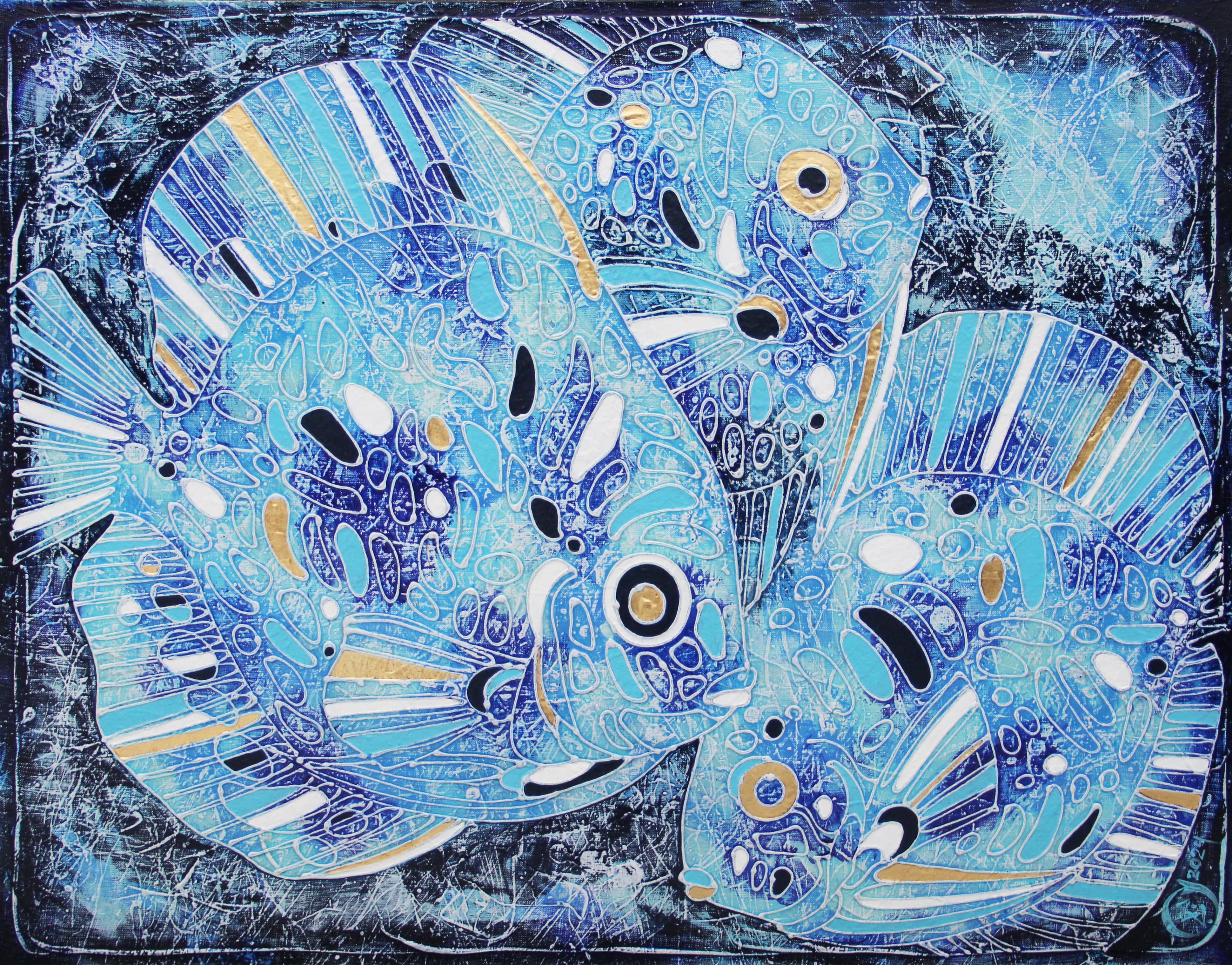 Abstract Painting di Vasili Zianko - LA FAMIGLIA DEI PESCI BLU di Vasily Zianko, tecnica del volume-contour dell'autore