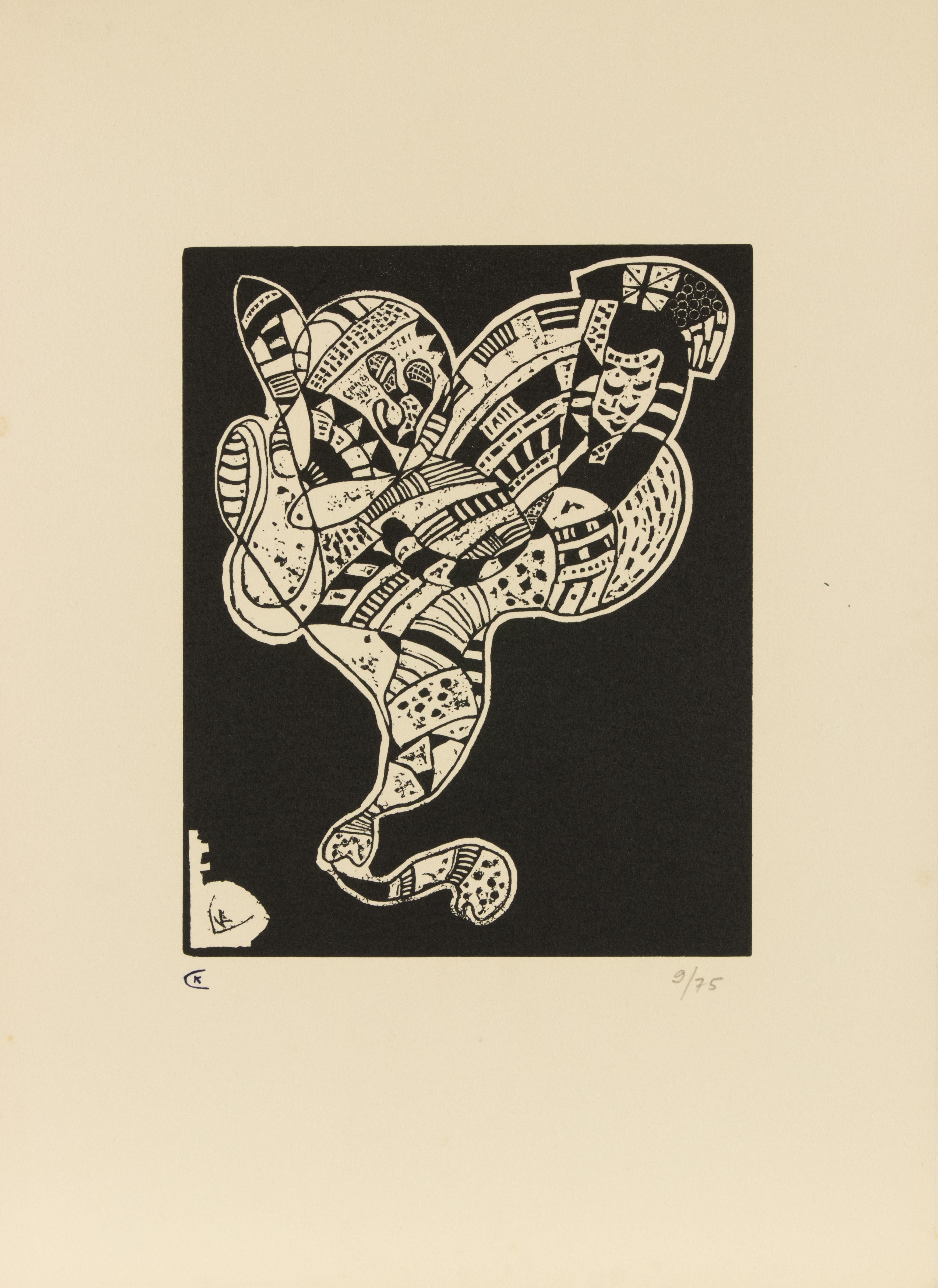 Gravure 10 pour  Origine is a modern artwork realized after Vasilij Kandinskij.

Black and white woodcut

Numbered on the lower margin.

Edition of 9/75.

This is the second edition, not signed and monogrammed on plate with a "K" on bottom left of