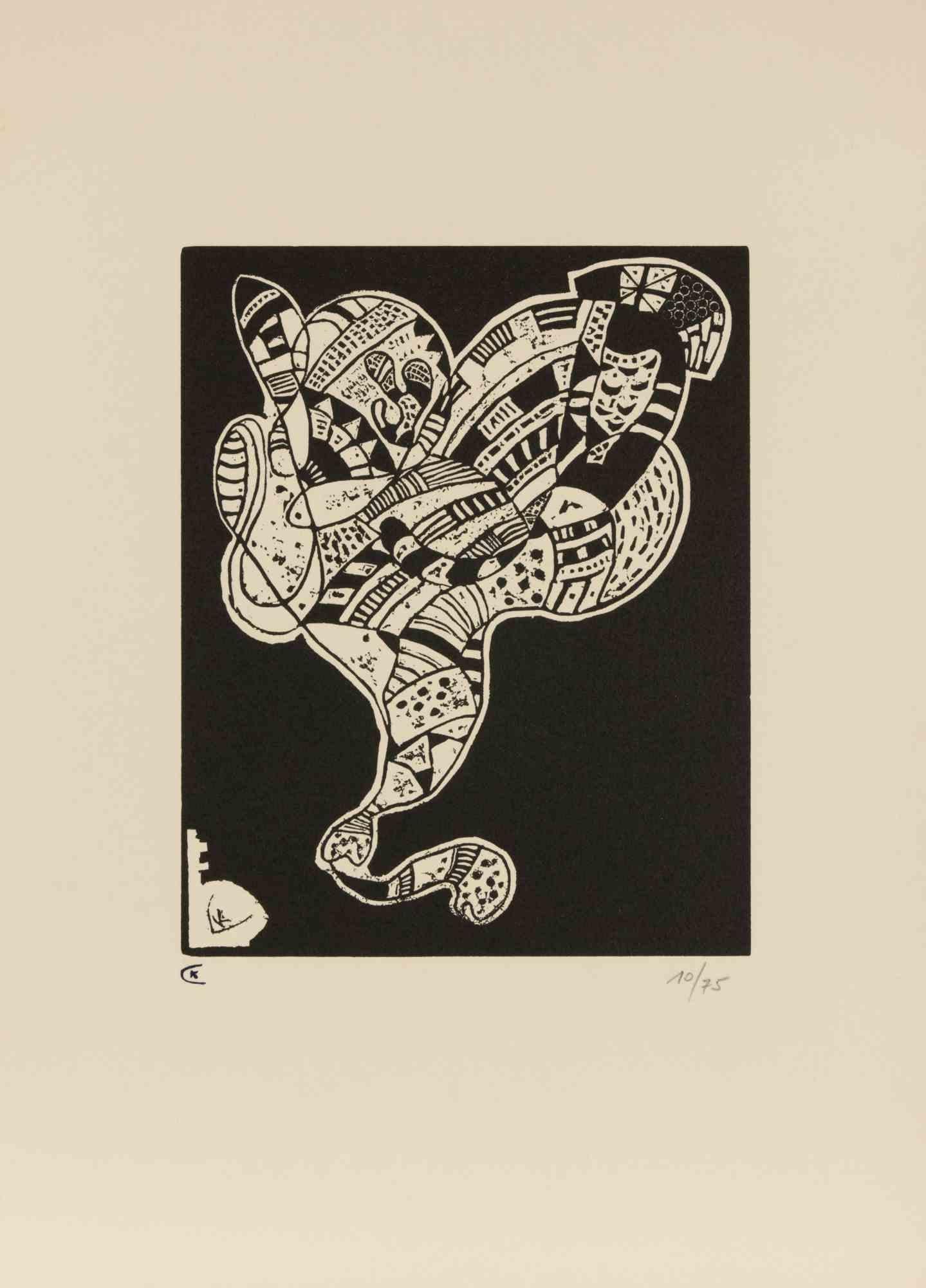 Gravure pour 10 origine is an original modern artwork realized by Vasilij Kandinskij 

Black and white woodcut

Numbered on the lower margin.

Edition of 10/75.

This is the second edition, not signed and monogrammed on plate with a "K" on bottom