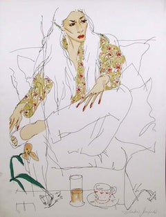 Mujer sentada, litografía contemporánea de Vasilios Janopoulos