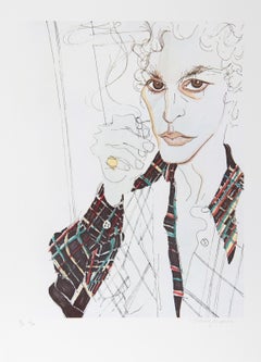Fumando (Autorretrato), litografía contemporánea de Vasilios Janopoulos